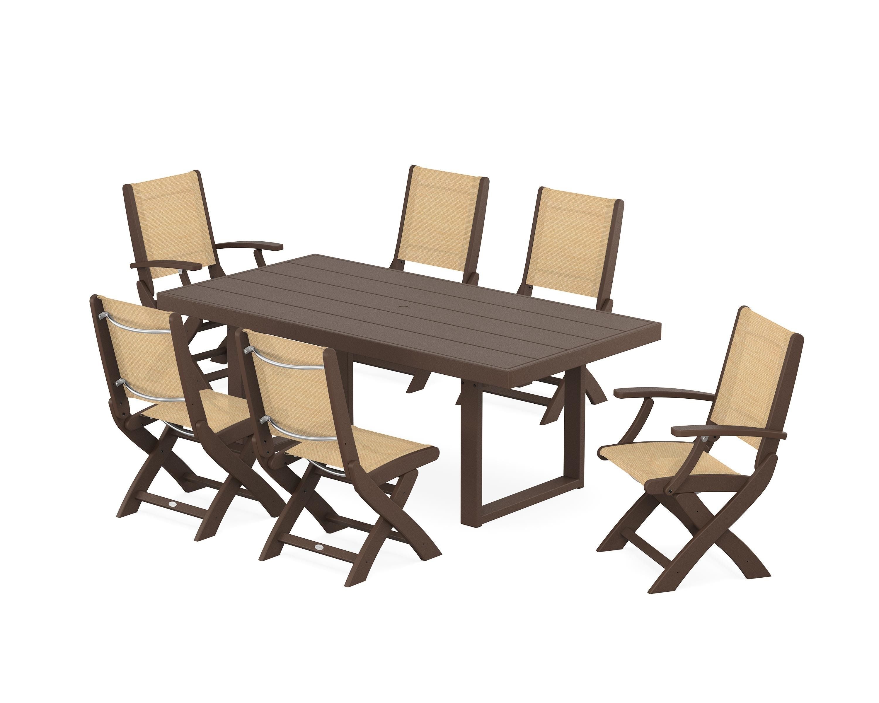 POLYWOOD® Coastal Folding Chair 7-Piece Dining Set with Trestle Legs in Mahogany / Dupioni Apricot Sling