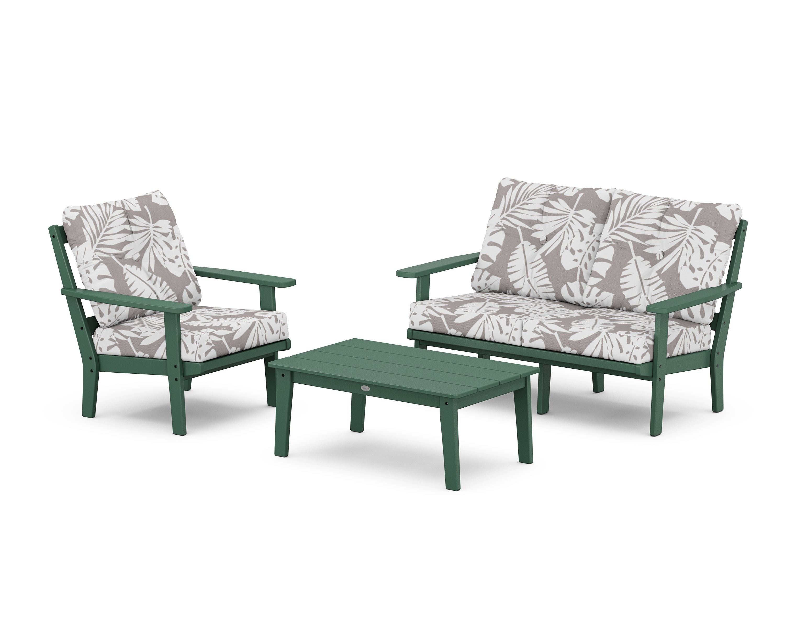 POLYWOOD® Oxford 3-Piece Deep Seating Set with Loveseat in Green / Leaf Grey Mist