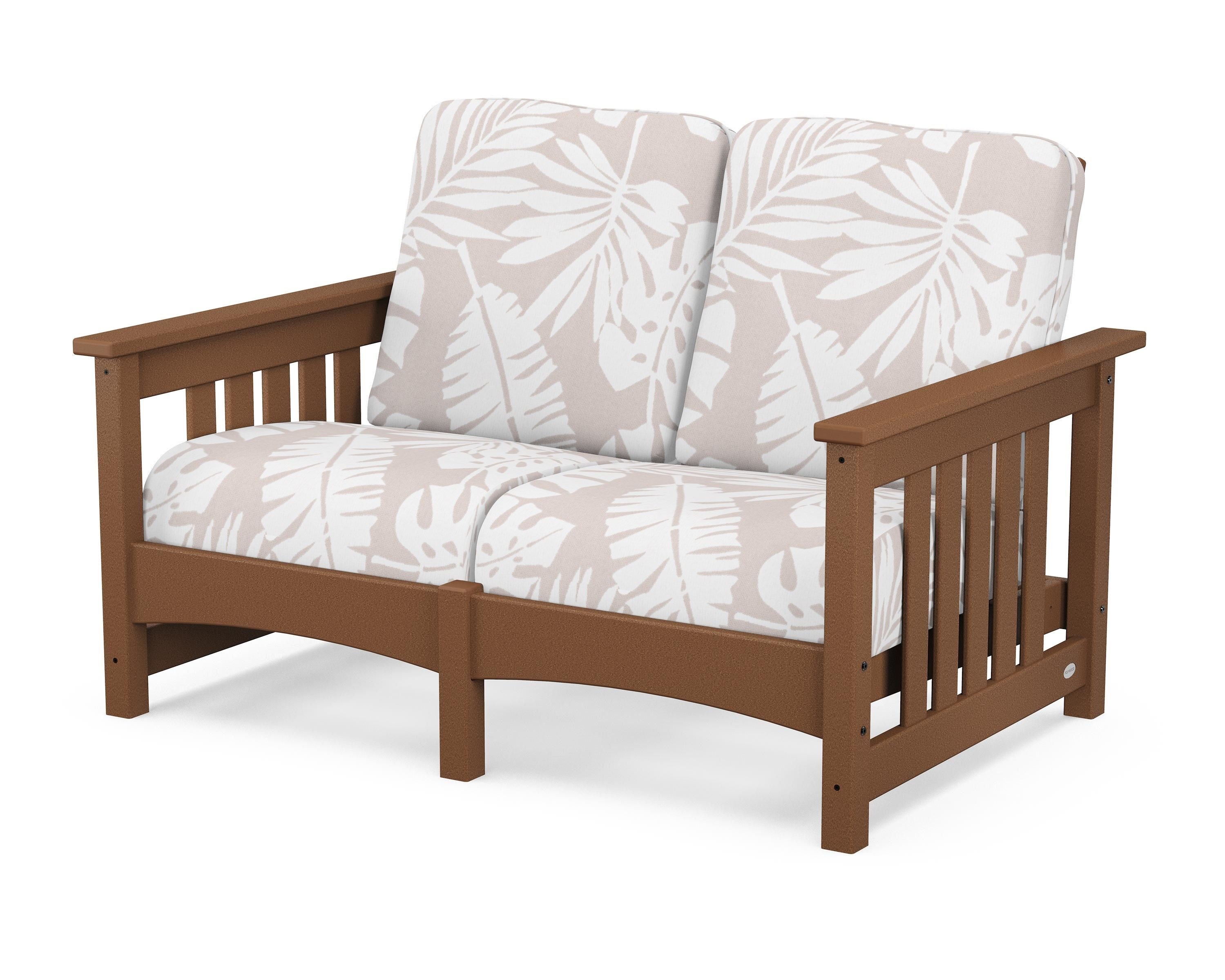 POLYWOOD® Club Mission Loveseat in Teak / Leaf Dune Burlap