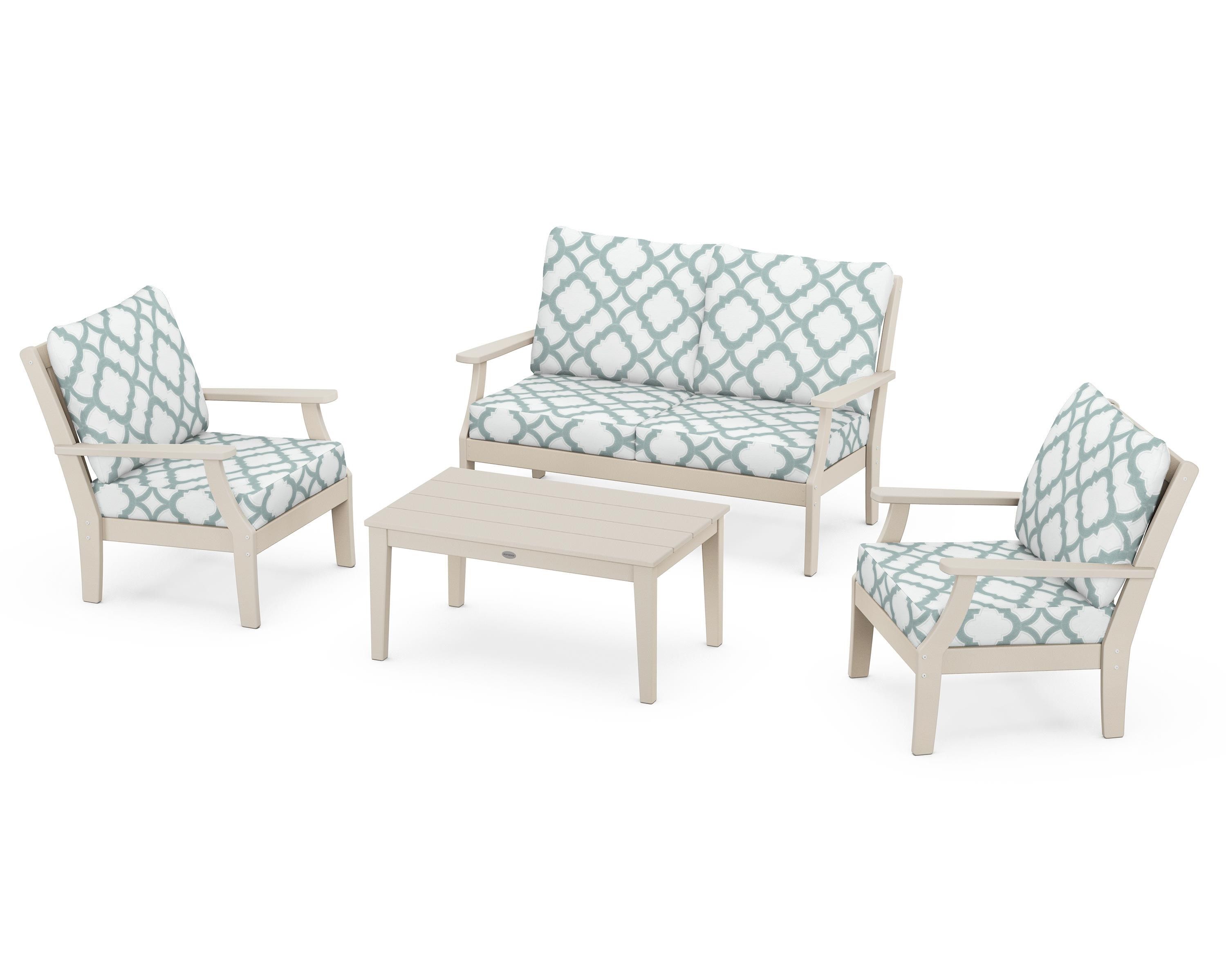 POLYWOOD® Braxton 4-Piece Deep Seating Chair Set in Sand / Trellis Glacier Spa
