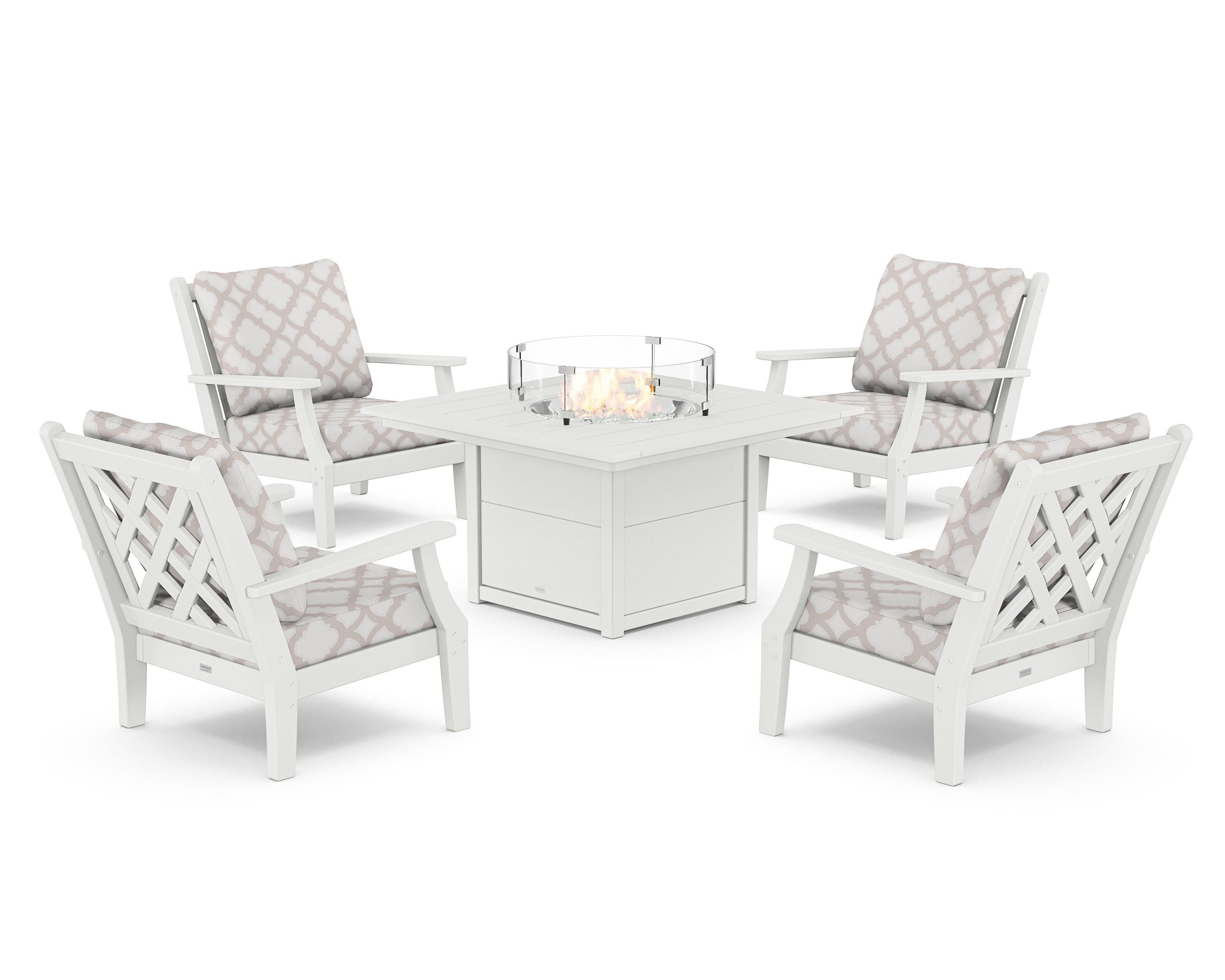 Country Living Wovendale 5-Piece Deep Seating Set with Fire Pit Table in White / Trellis Dune Burlap