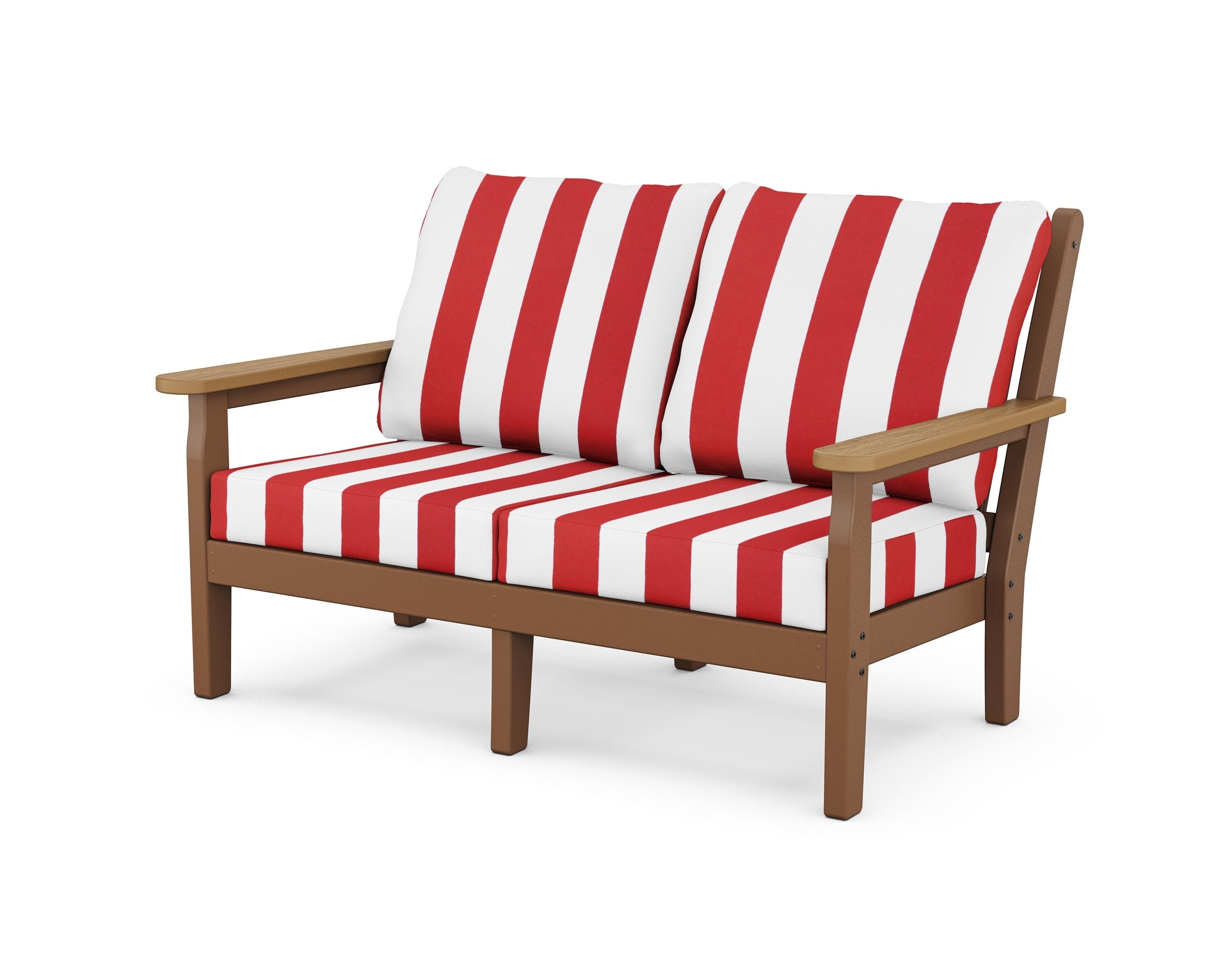 POLYWOOD® Chippendale Deep Seating Loveseat in Teak / Natural / Cabana Stripe Crimson