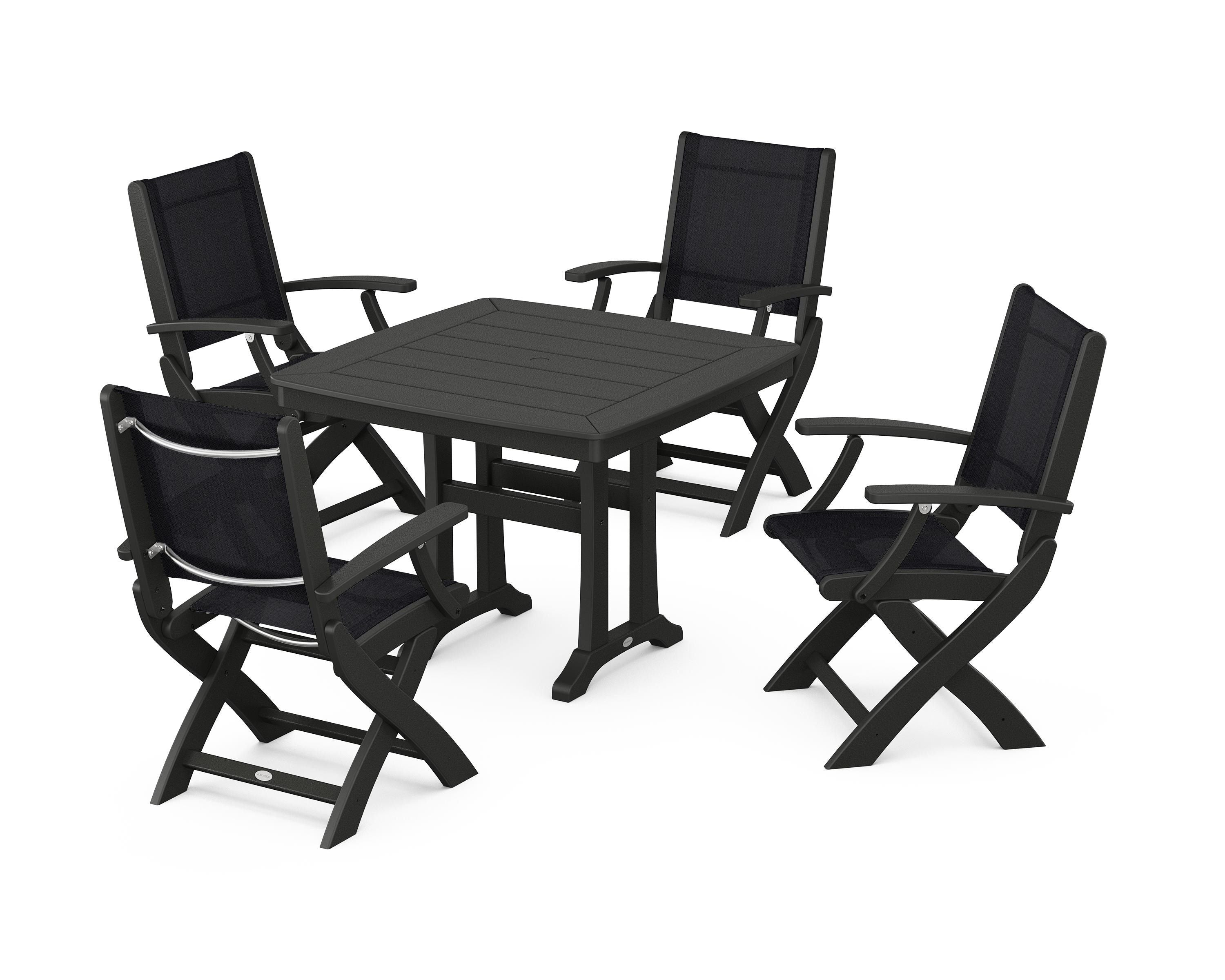 POLYWOOD® Coastal Folding Chair 5-Piece Dining Set with Trestle Legs in Black / Black Sling