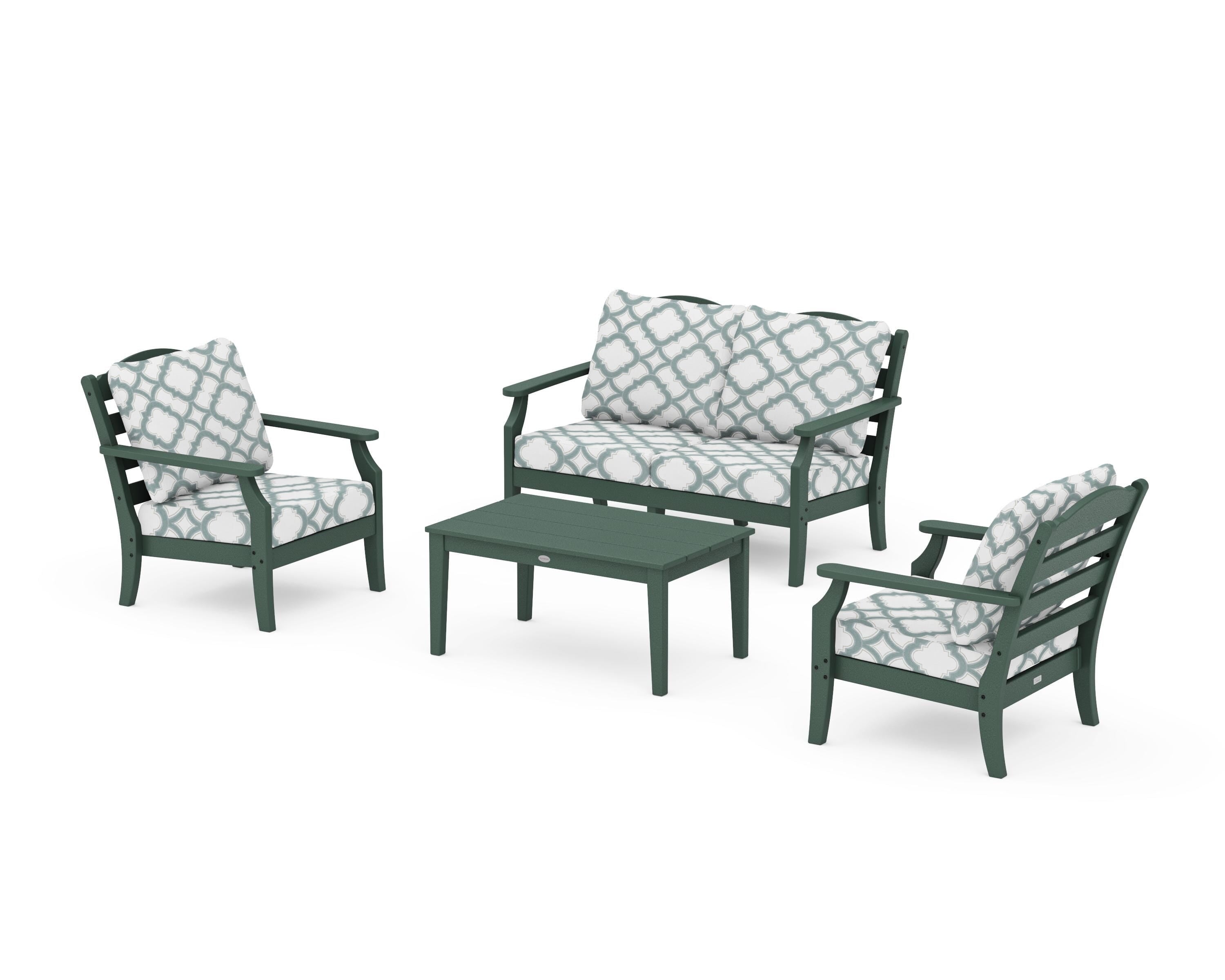 Draper James™ by POLYWOOD® Savannah 4-Piece Deep Seating Set with Loveseat in Green / Trellis Glacier Spa