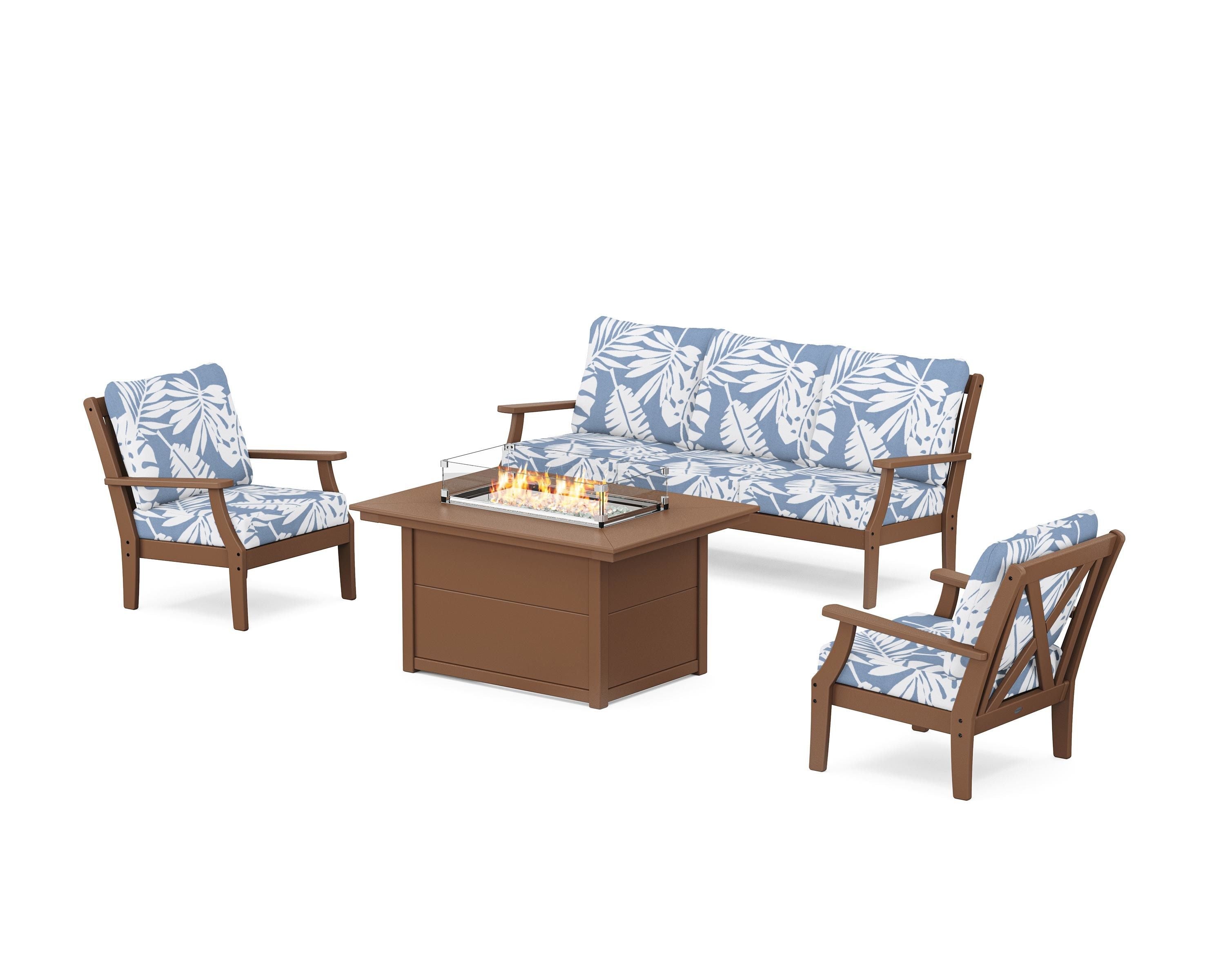 POLYWOOD® Braxton Deep Seating Fire Pit Table Set in Teak / Leaf Sky Blue