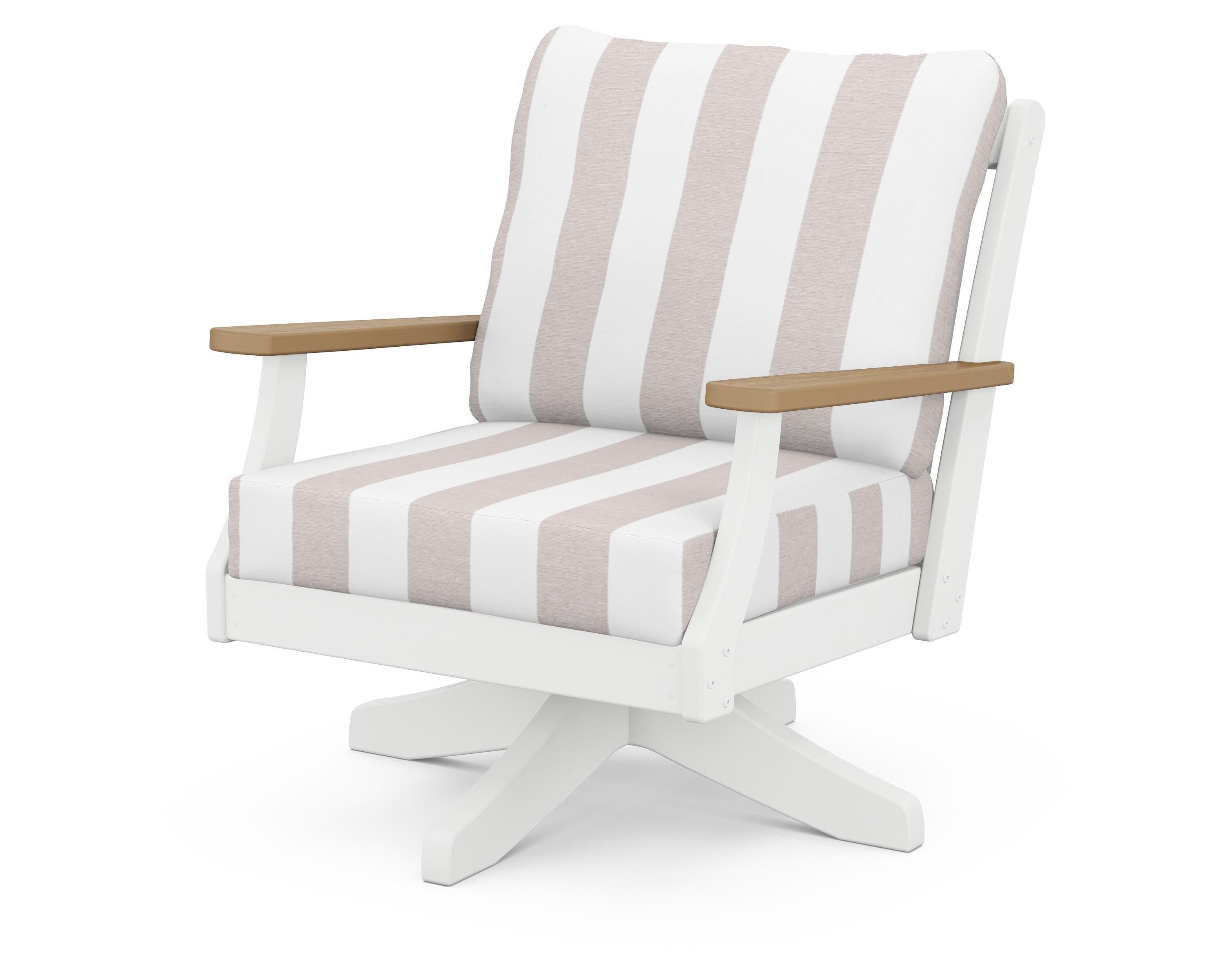 POLYWOOD® Braxton Deep Seating Swivel Chair in White / Natural / Cabana Stripe Dune Burlap