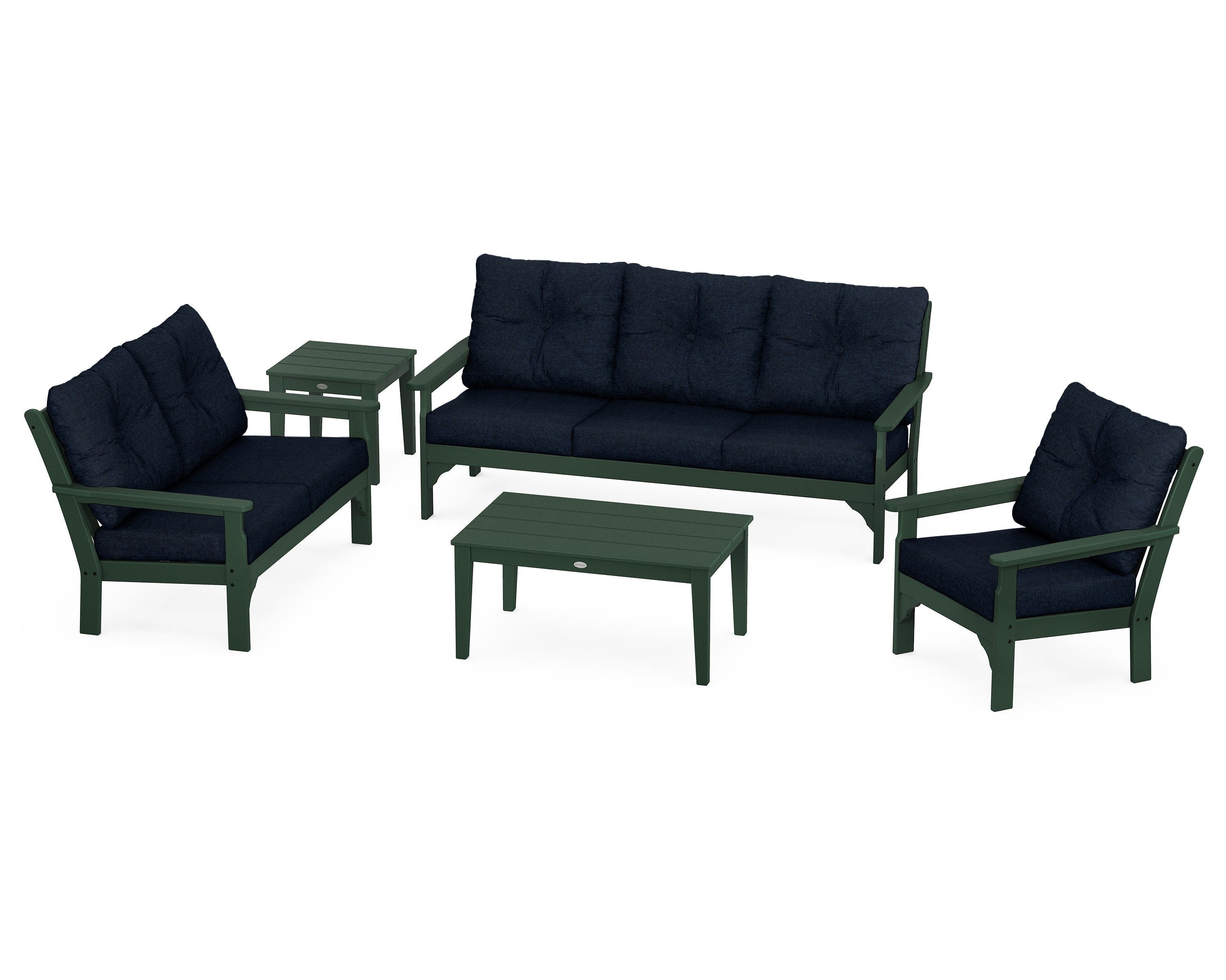 POLYWOOD® Vineyard 5 Piece Deep Seating Set in Green / Marine Indigo