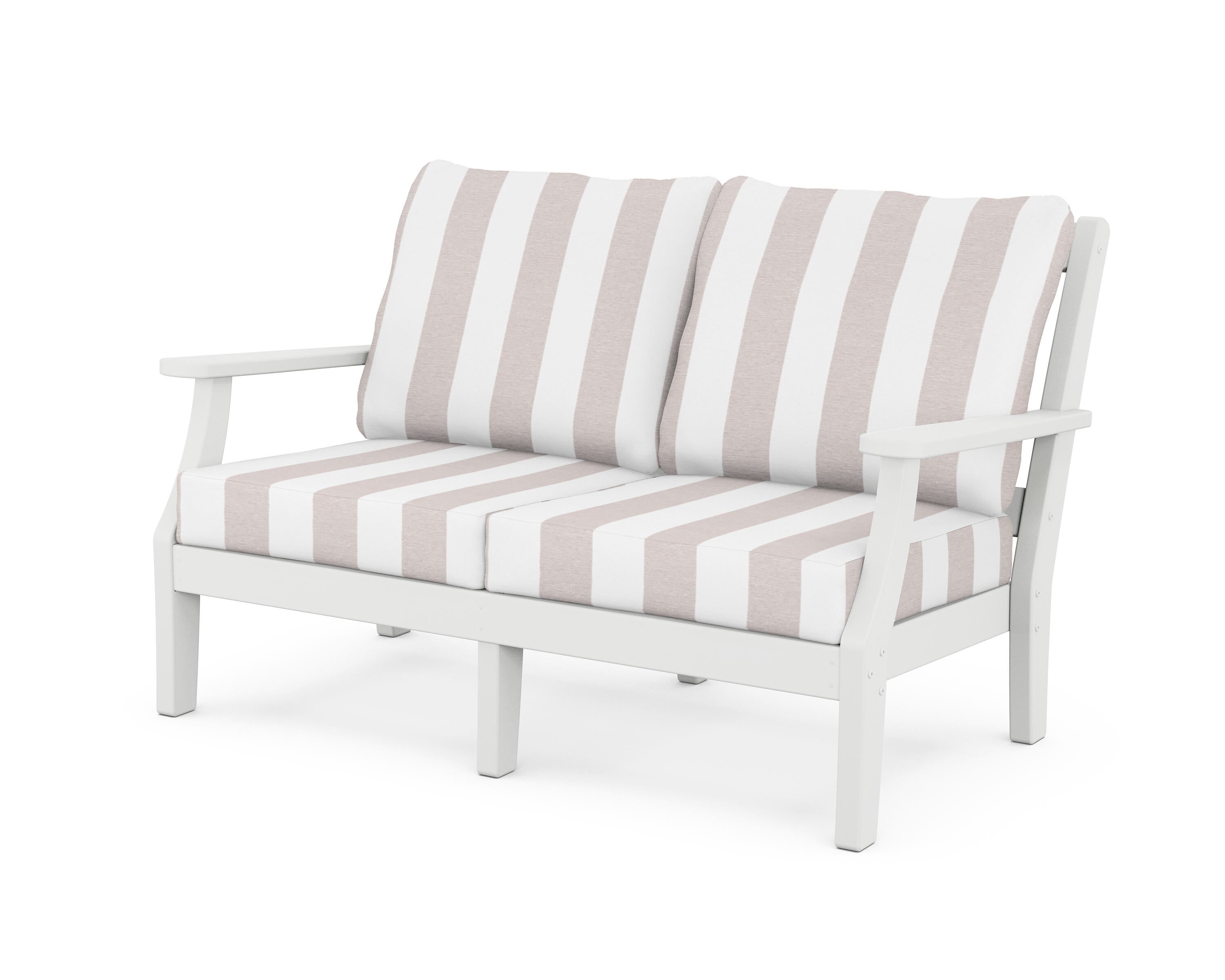 Martha Stewart by POLYWOOD® Chinoiserie Deep Seating Loveseat in White / Cabana Stripe Dune Burlap