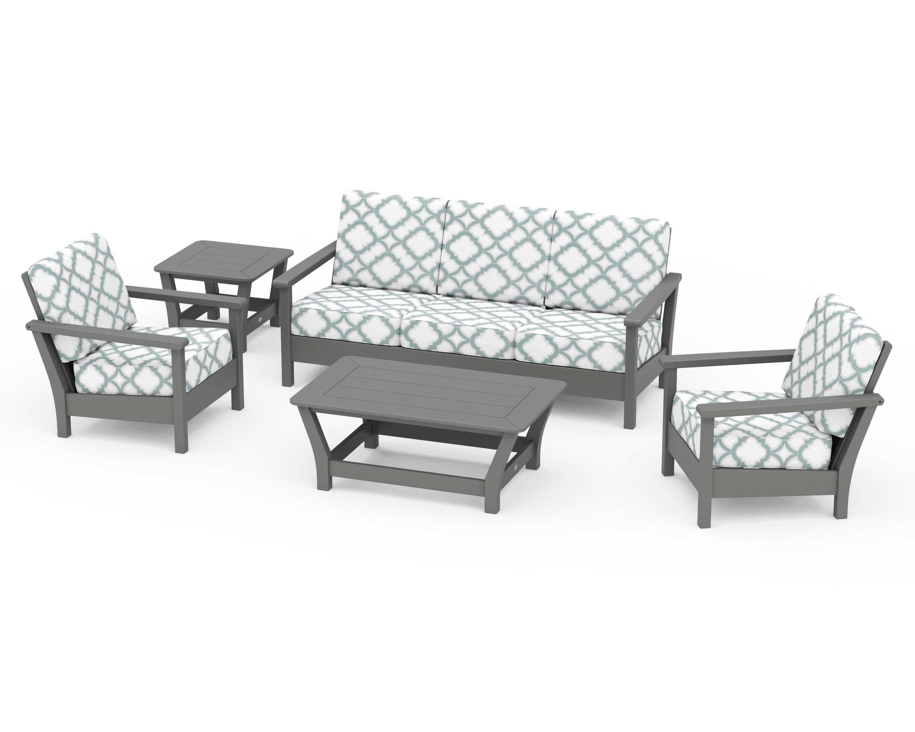 POLYWOOD® Harbour 5-Piece Deep Seating Set in Slate Grey / Trellis Glacier Spa