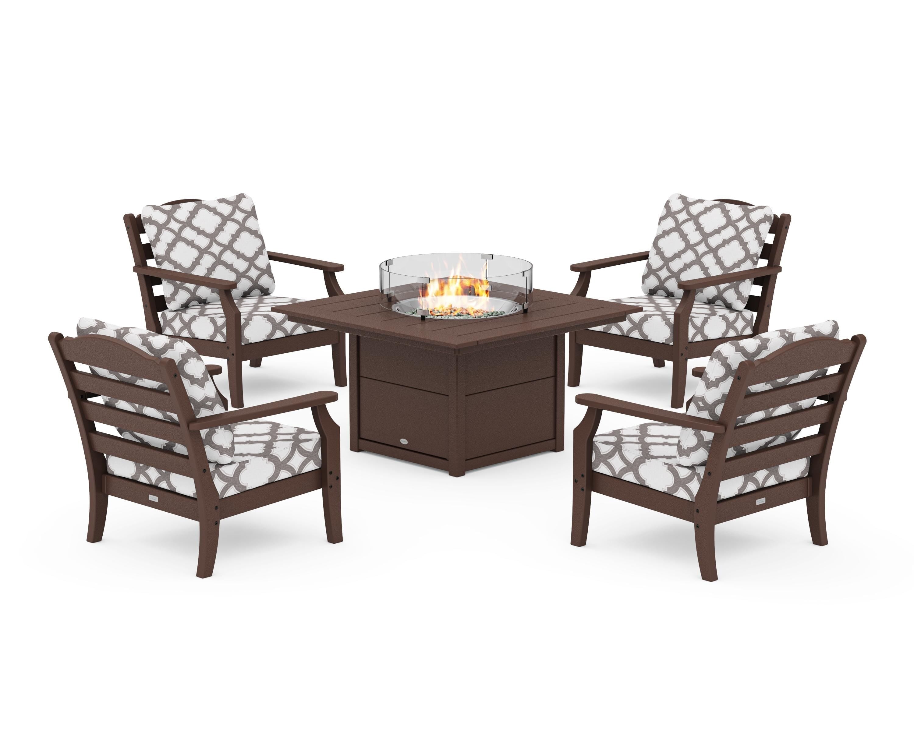 Draper James™ by POLYWOOD® Savannah 5-Piece Deep Seating Set with Fire Pit Table in Mahogany / Trellis Grey Mist