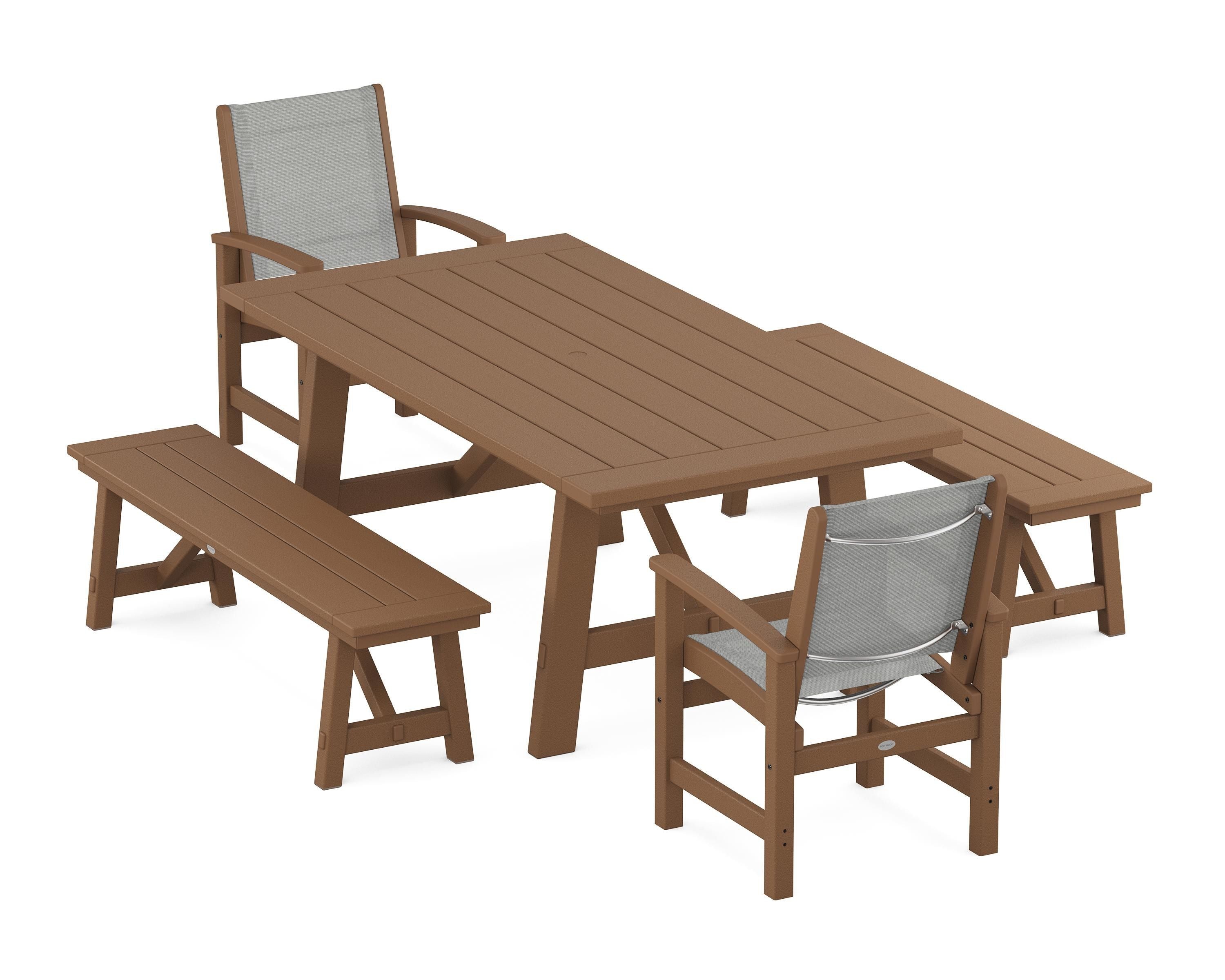 POLYWOOD® Coastal 5-Piece Rustic Farmhouse Dining Set With Benches in Teak / Metallic Sling