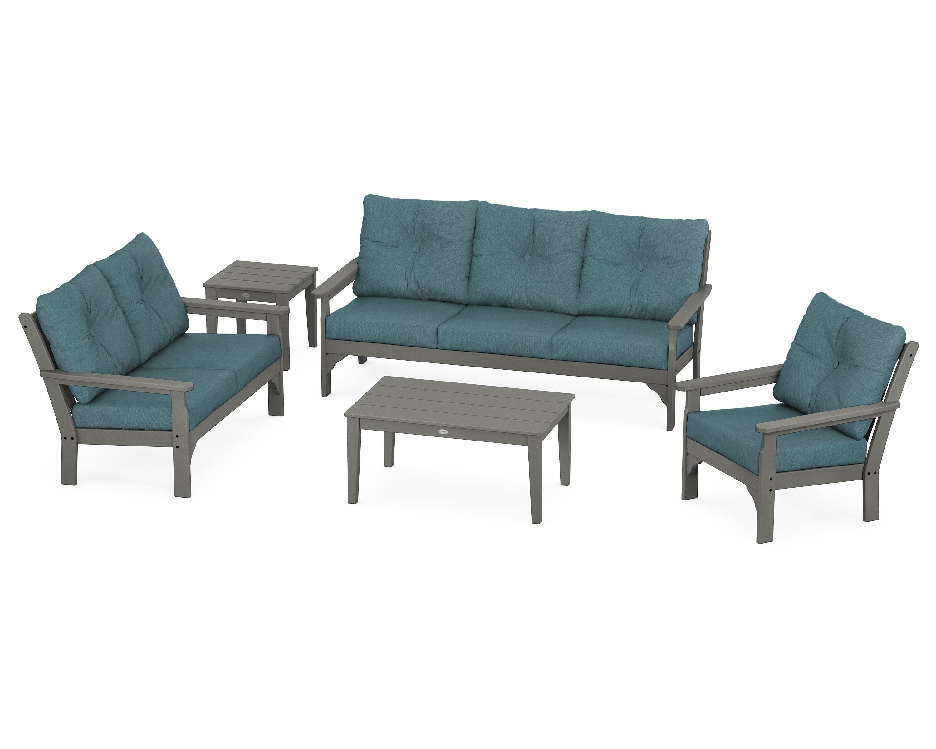 POLYWOOD® Vineyard 5 Piece Deep Seating Set in Slate Grey / Ocean Teal