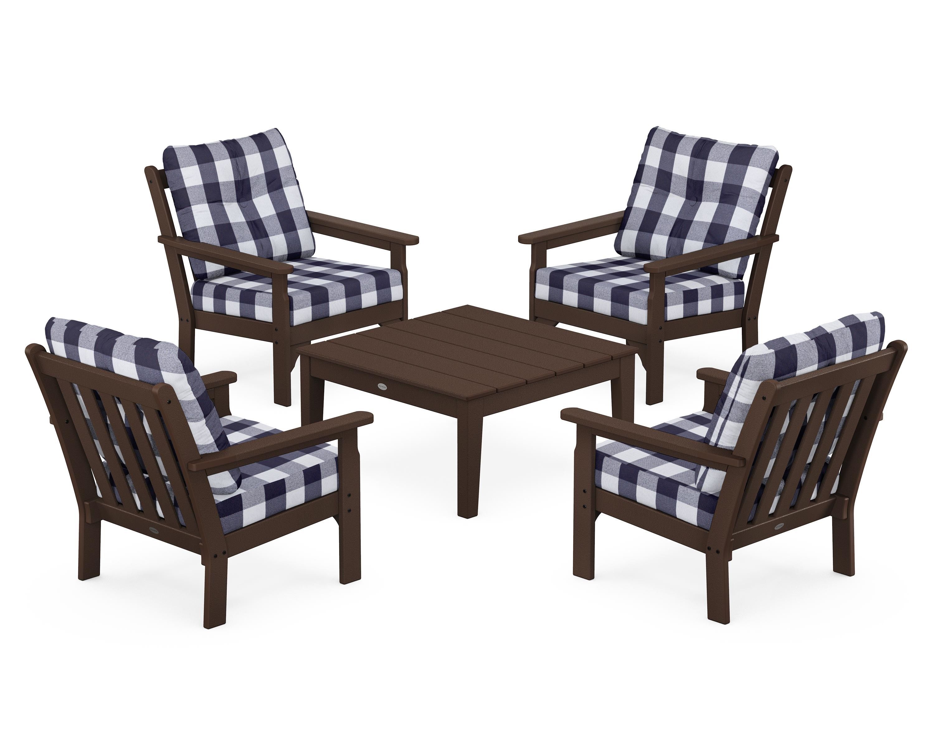 POLYWOOD® Vineyard 5-Piece Deep Seating Conversation Set in Mahogany / Buffalo Plaid Navy