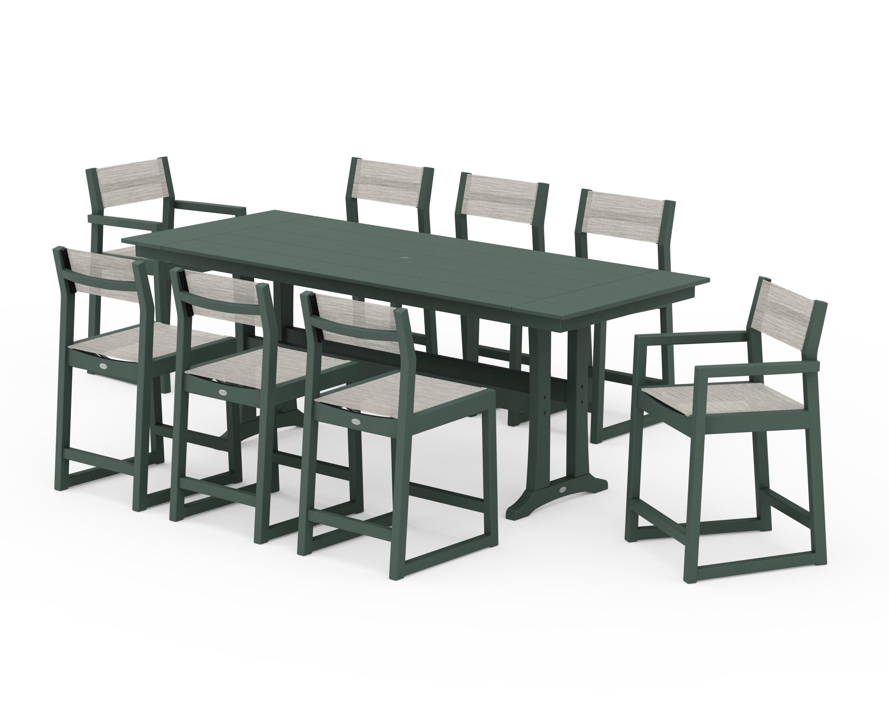 POLYWOOD® EDGE Sling 9-Piece Farmhouse Counter Set with Trestle Legs in Green / Birch Sling
