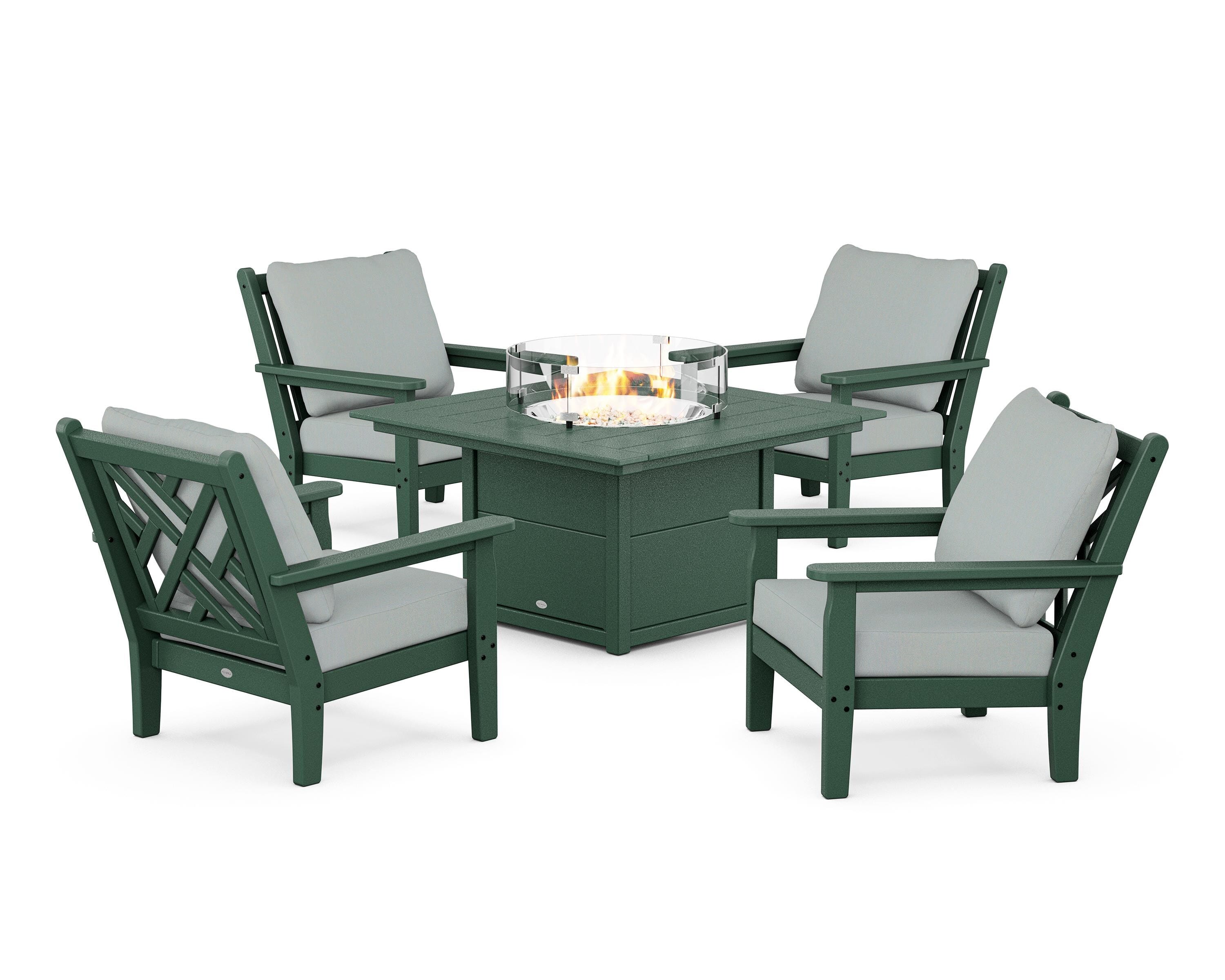 POLYWOOD® Chippendale 5-Piece Deep Seating Set with Fire Pit Table in Green / Spa