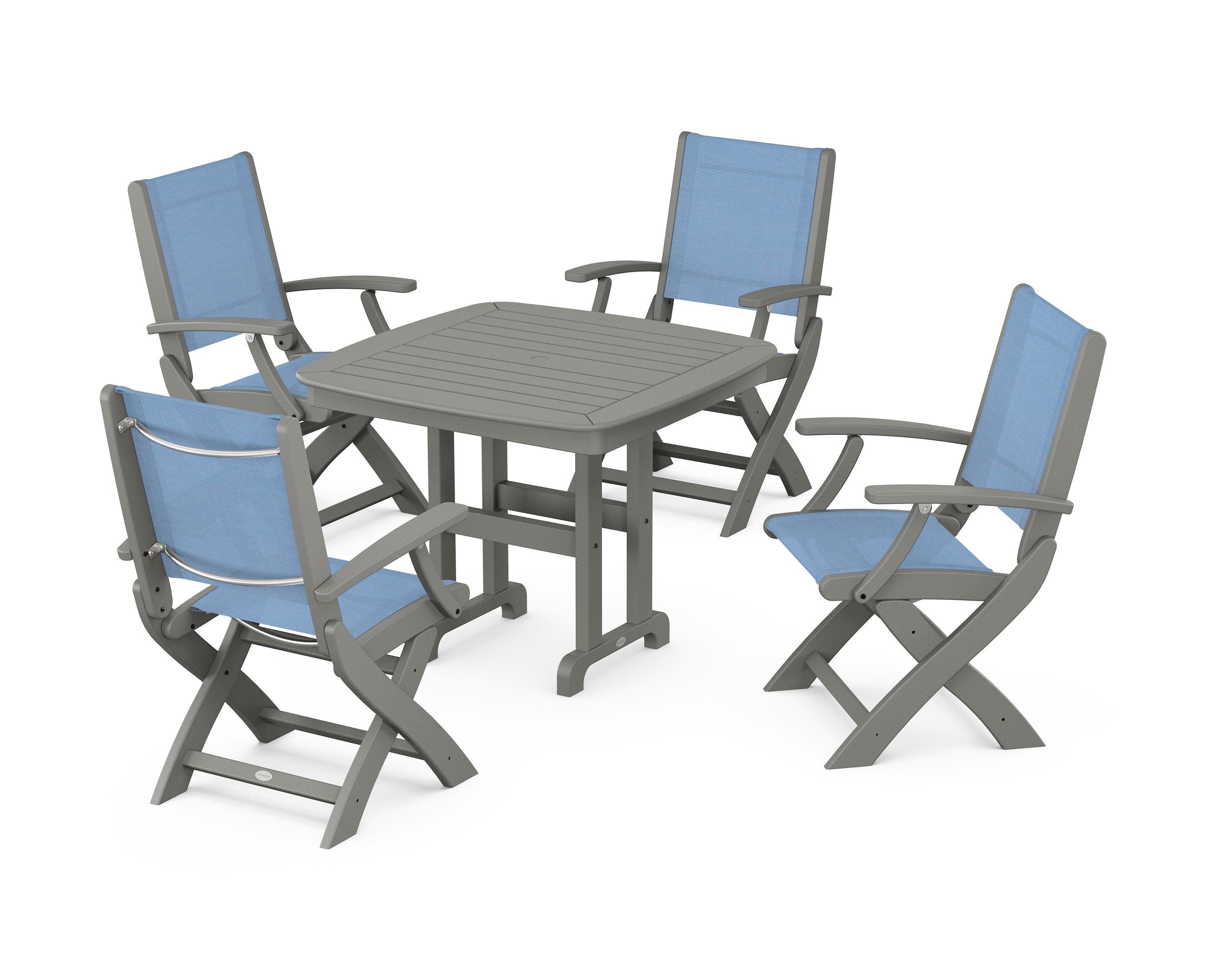 POLYWOOD® Coastal Folding Chair 5-Piece Dining Set in Slate Grey / Poolside Sling