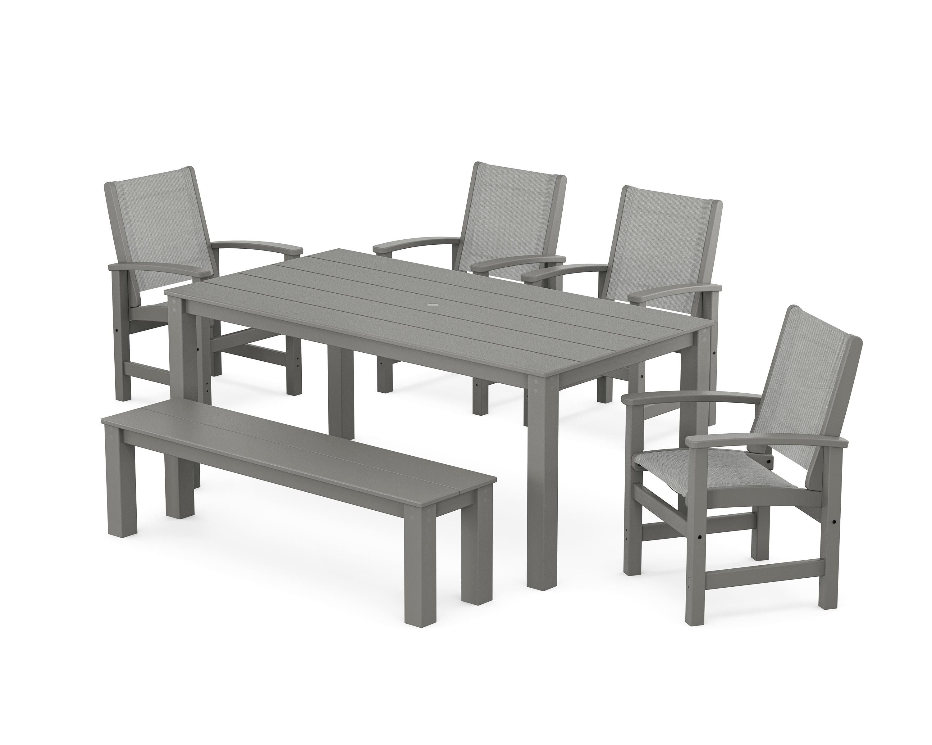 POLYWOOD® Coastal 6-Piece Parsons Dining Set with Bench in Slate Grey / Metallic Sling