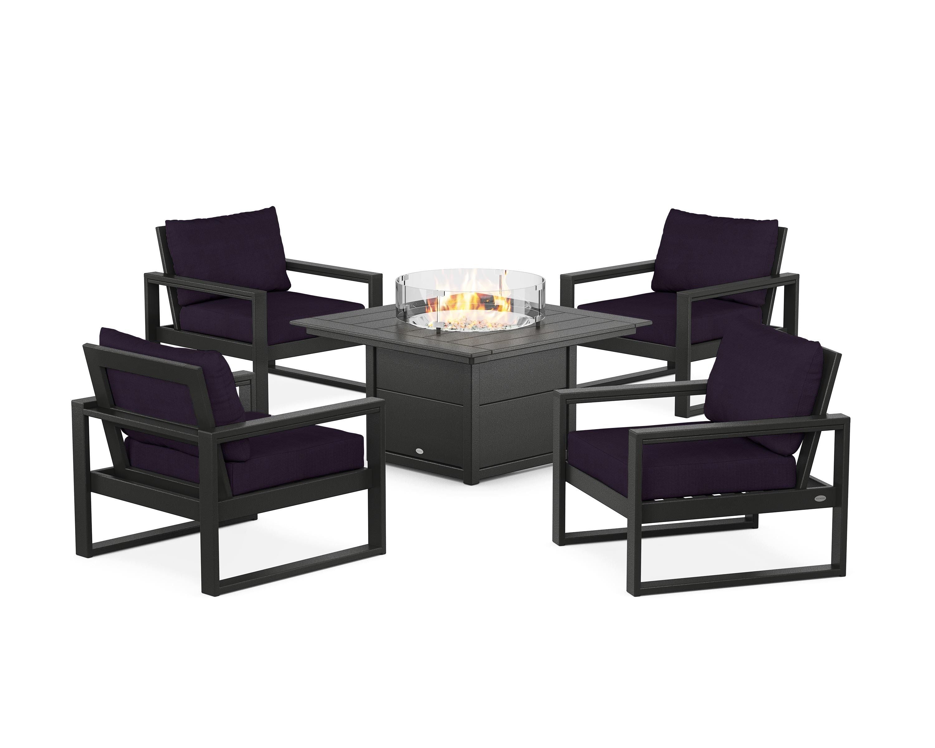 POLYWOOD® EDGE Sectional 5-Piece Deep Seating Set with Fire Pit Table in Black / Navy Linen