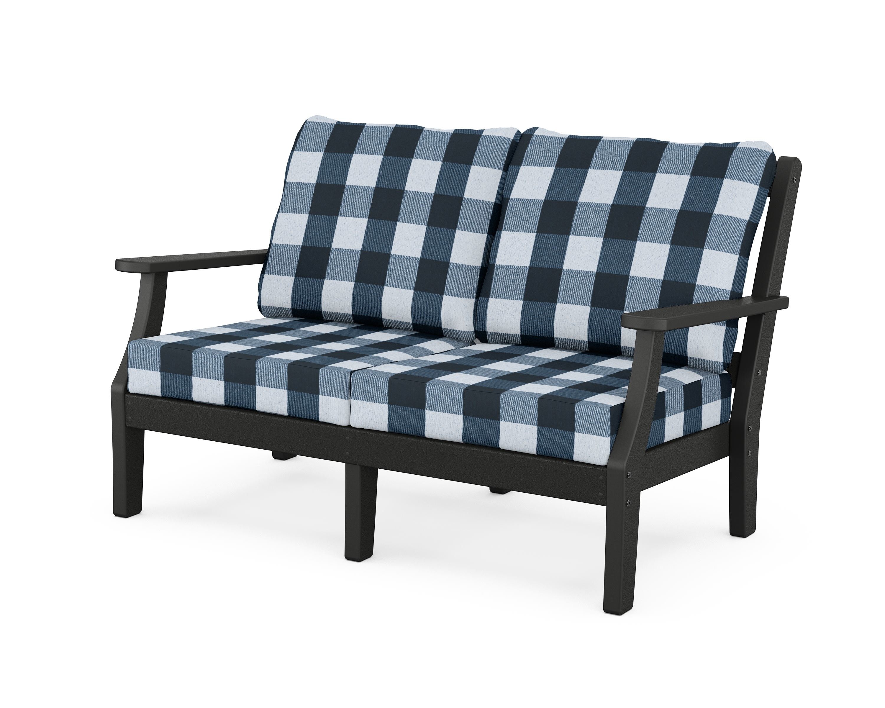 Martha Stewart by POLYWOOD® Chinoiserie Deep Seating Loveseat in Black / Buffalo Plaid Marine Indigo