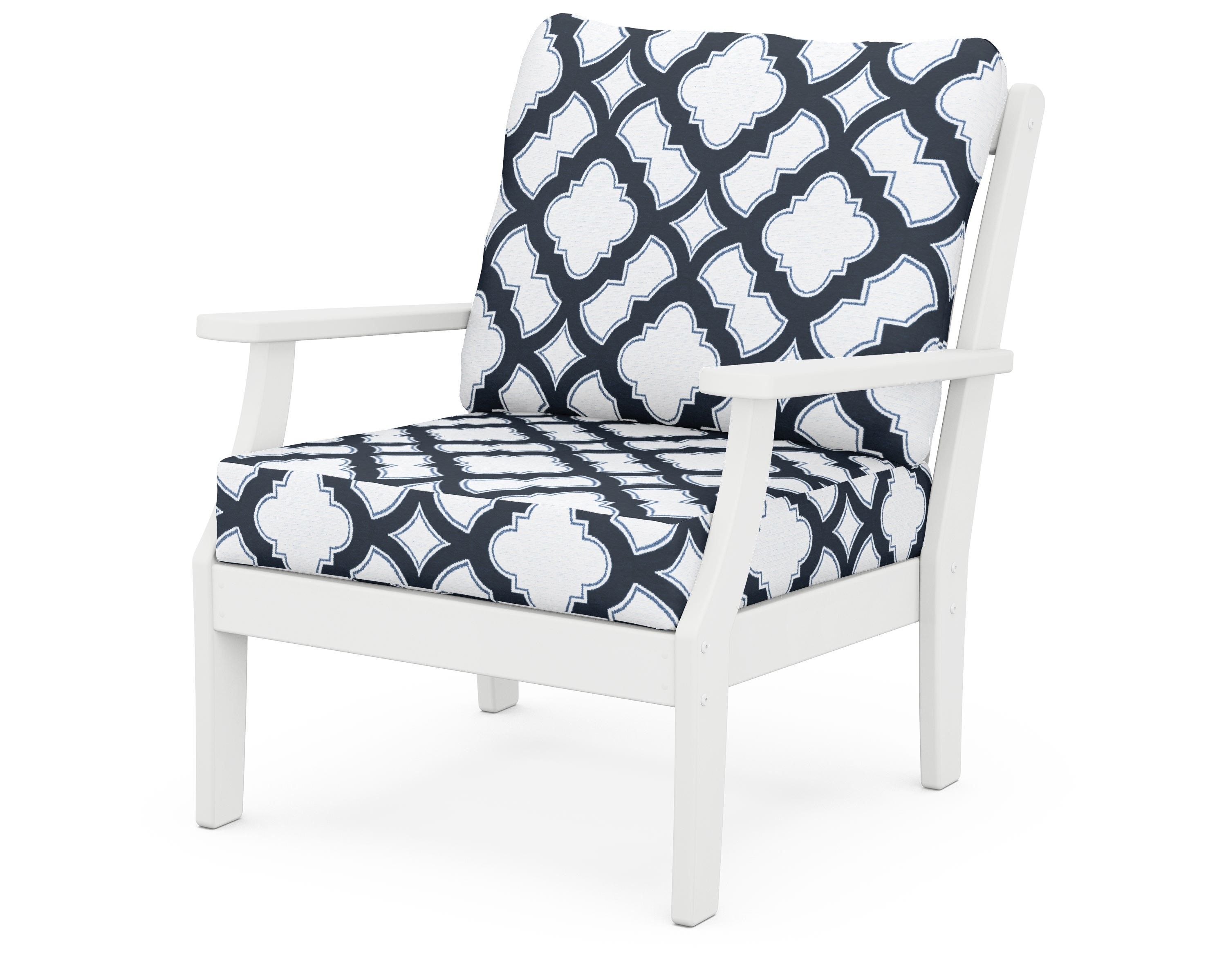POLYWOOD® Braxton Deep Seating Chair in White / Trellis Marine Indigo