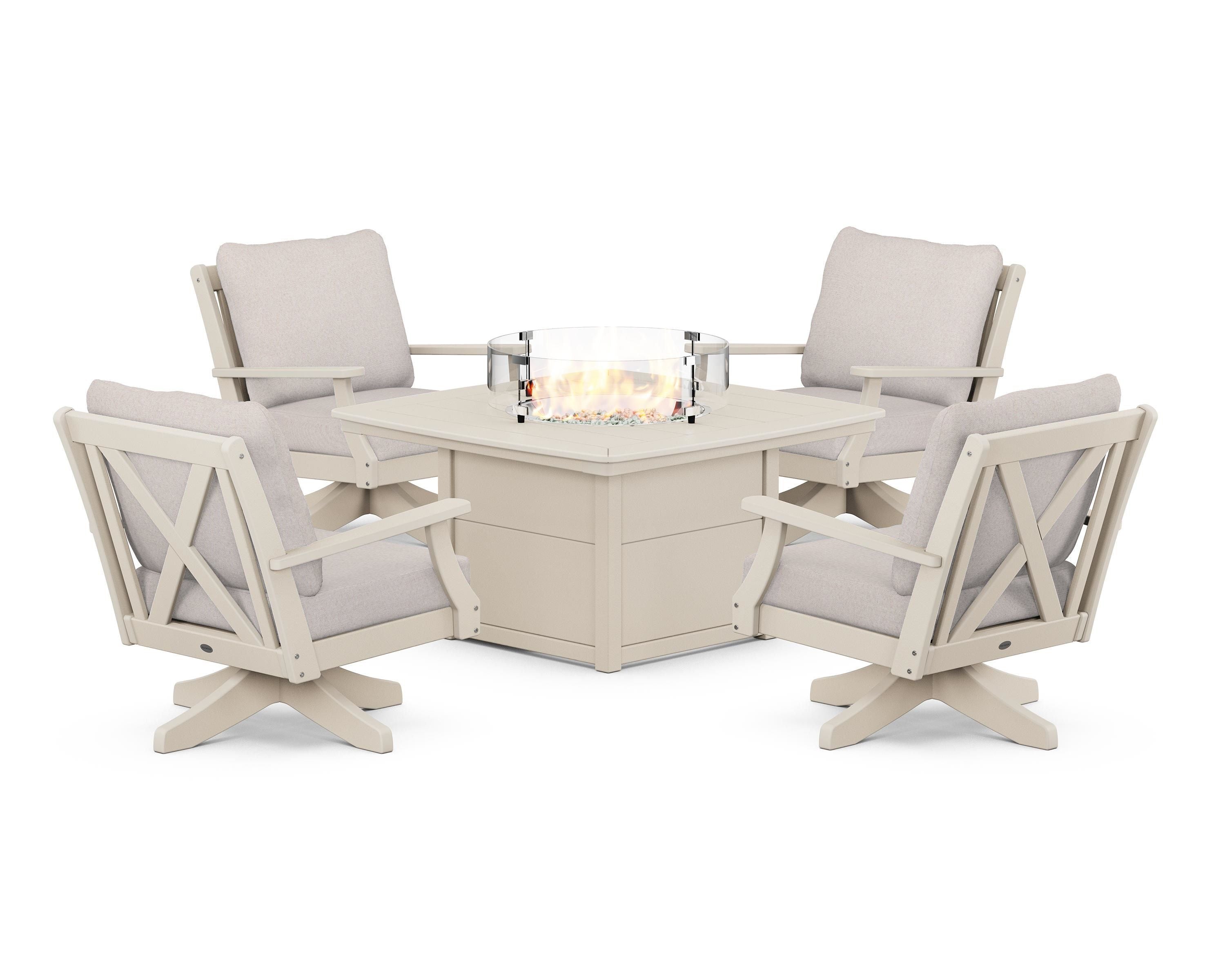 POLYWOOD® Braxton 5-Piece Deep Seating Swivel Conversation Set with Fire Pit Table in Sand / Dune Burlap