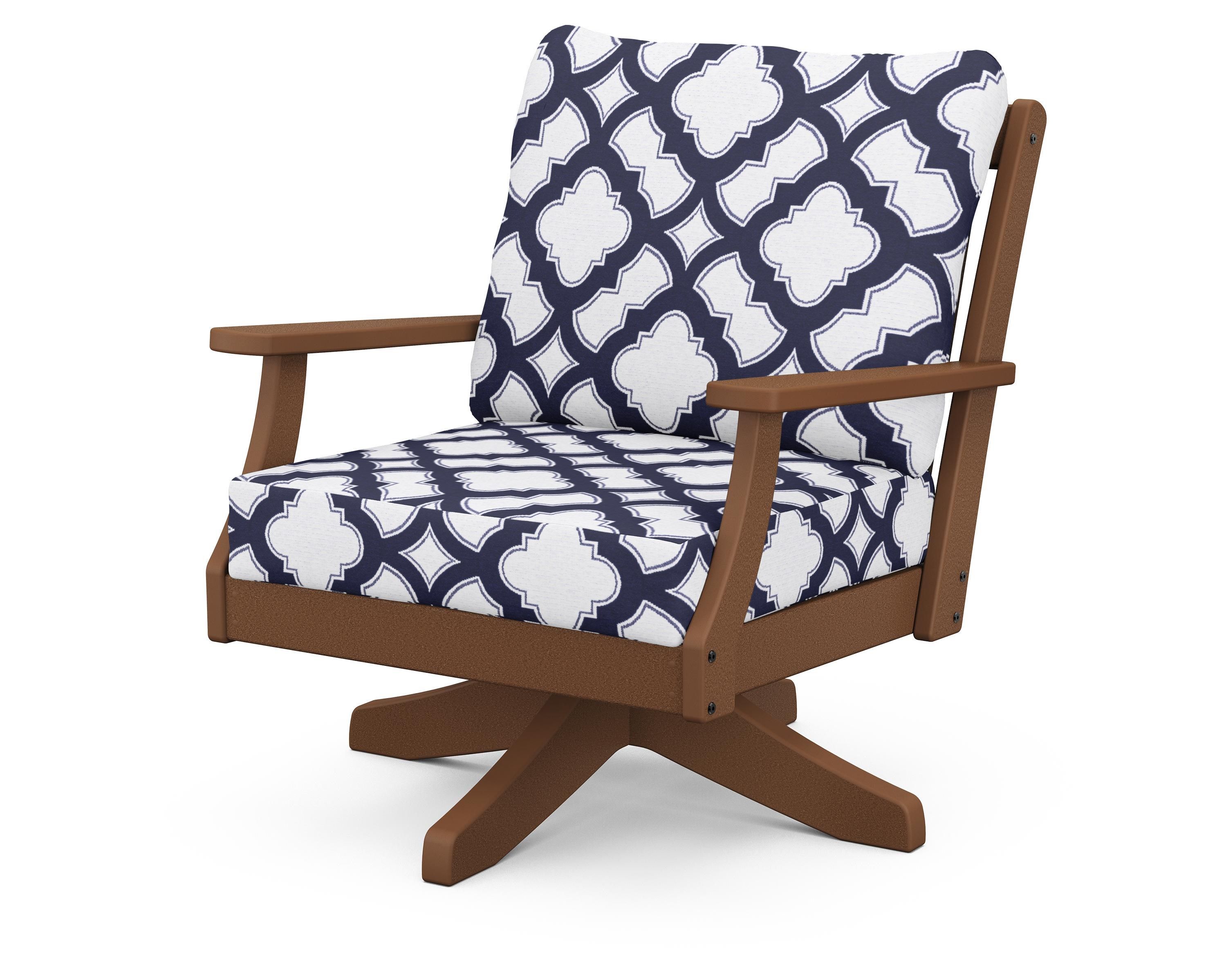 POLYWOOD® Braxton Deep Seating Swivel Chair in Teak / Trellis Navy