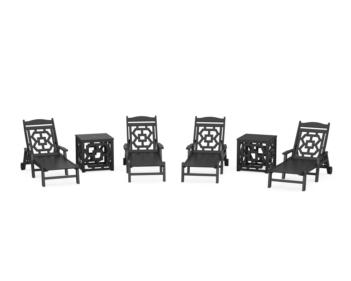 Chinoiserie 6-Piece Chaise Set with Umbrella Stand Accent Table