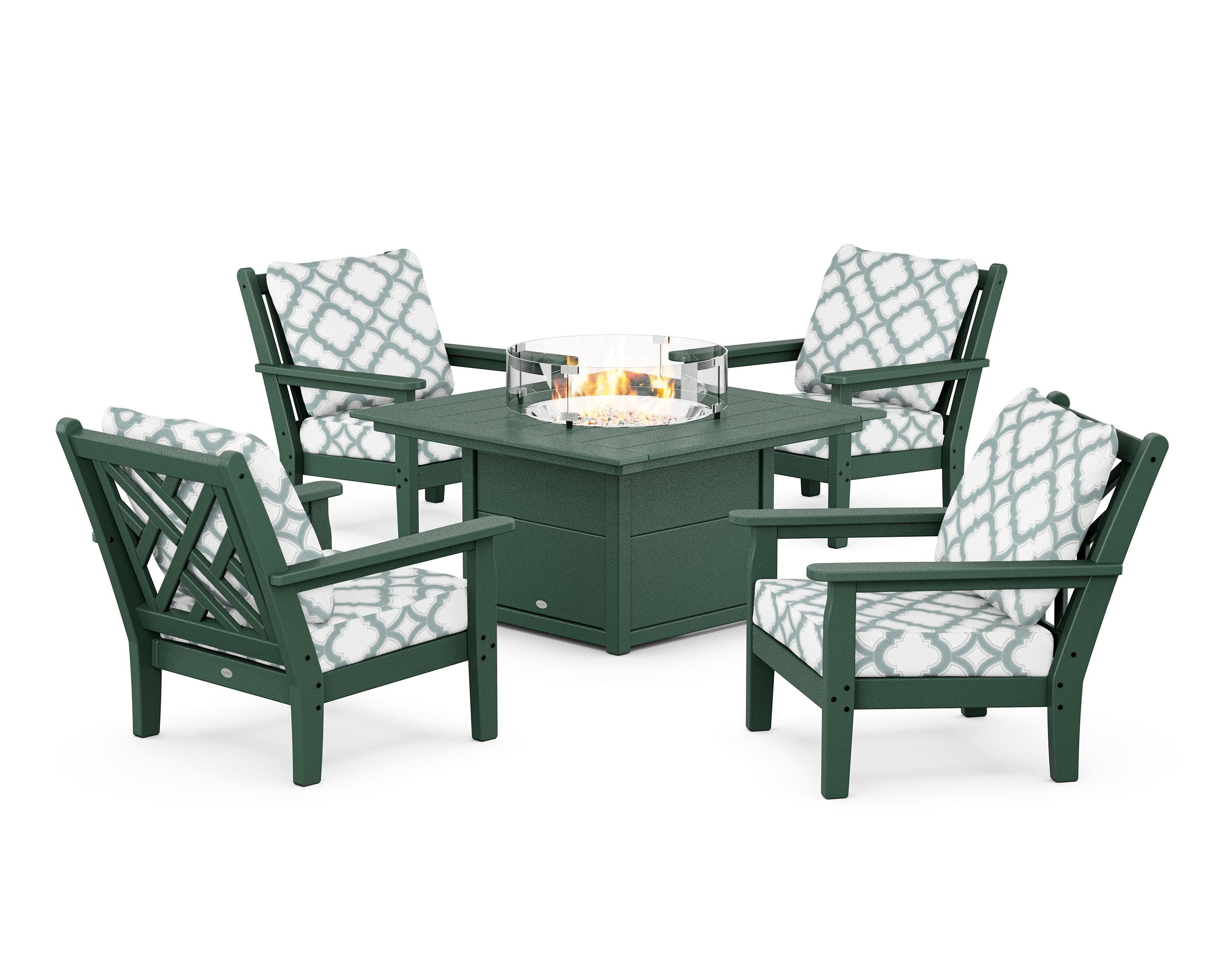 POLYWOOD® Chippendale 5-Piece Deep Seating Set with Fire Pit Table in Green / Trellis Glacier Spa