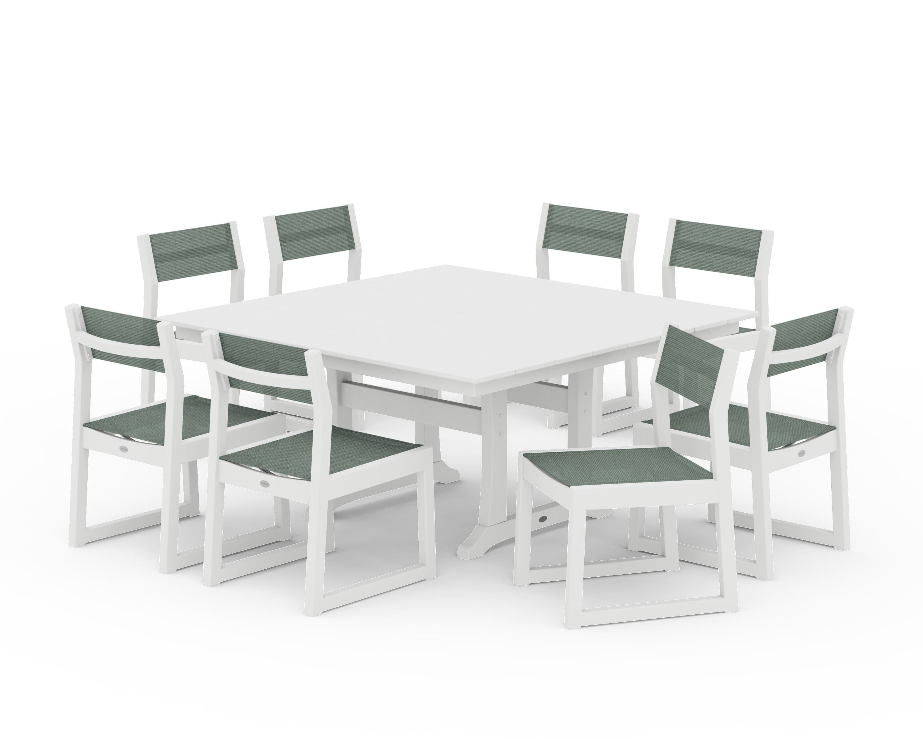 POLYWOOD® EDGE Sling Side Chair 9-Piece Farmhouse Trestle Dining Set in White / Dupioni Sea Mist Sling