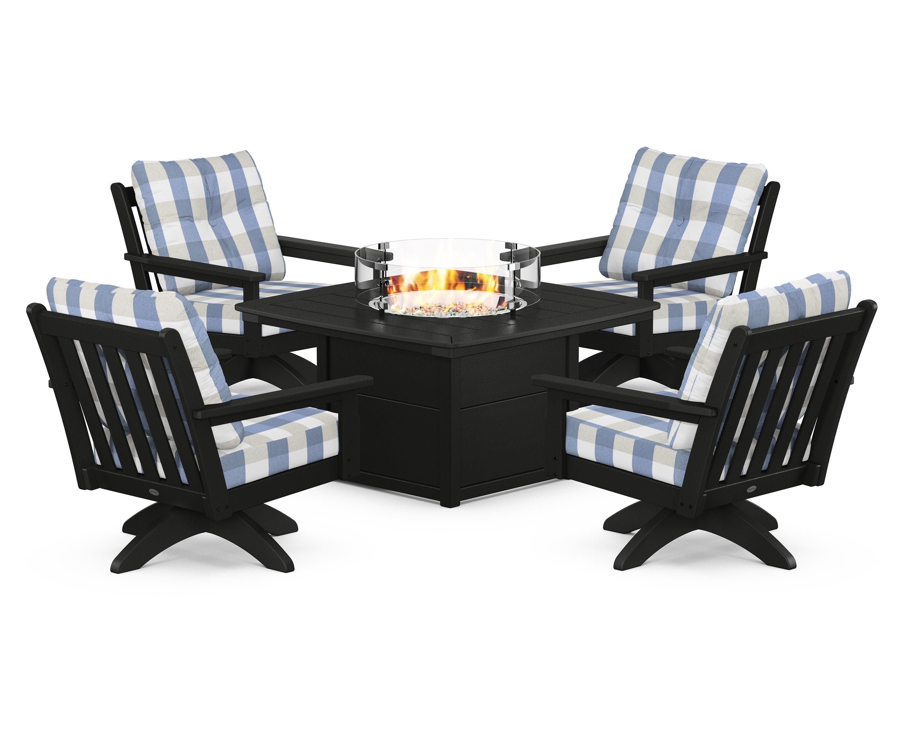 POLYWOOD® Vineyard 5-Piece Deep Seating Swivel Conversation Set with Fire Pit Table in Black / Buffalo Plaid Sky Blue
