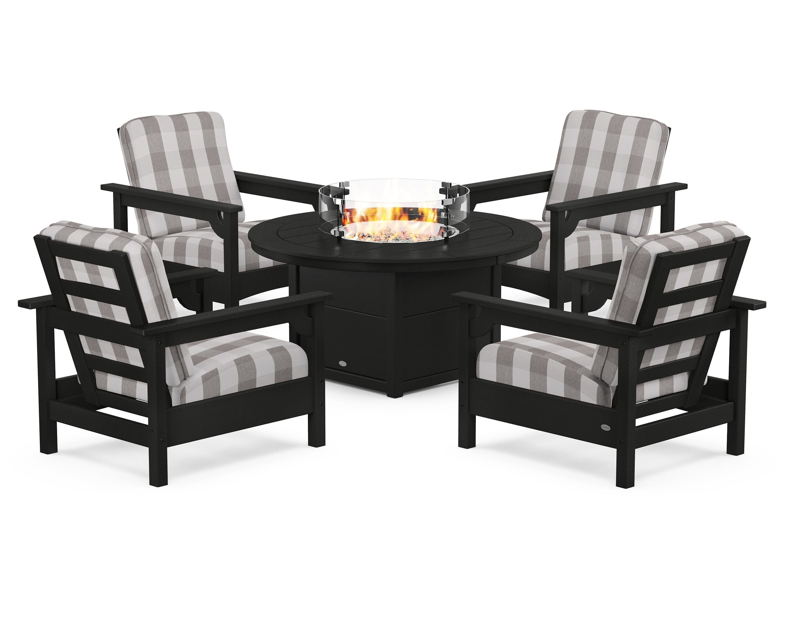 POLYWOOD® Club 5-Piece Conversation Set with Fire Pit Table in Black / Buffalo Plaid Grey Mist