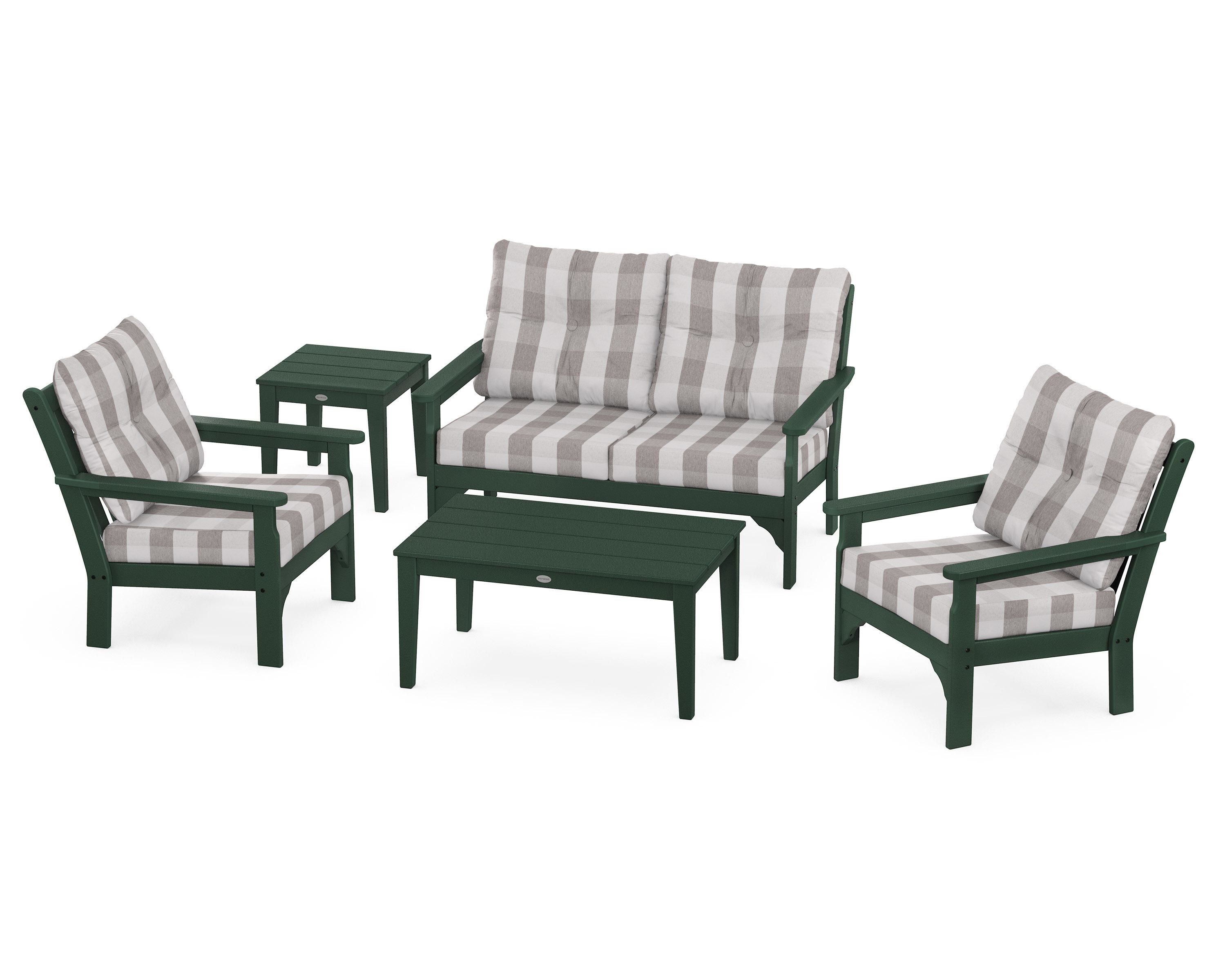 POLYWOOD® Vineyard 5-Piece Deep Seating Set in Green / Buffalo Plaid Grey Mist