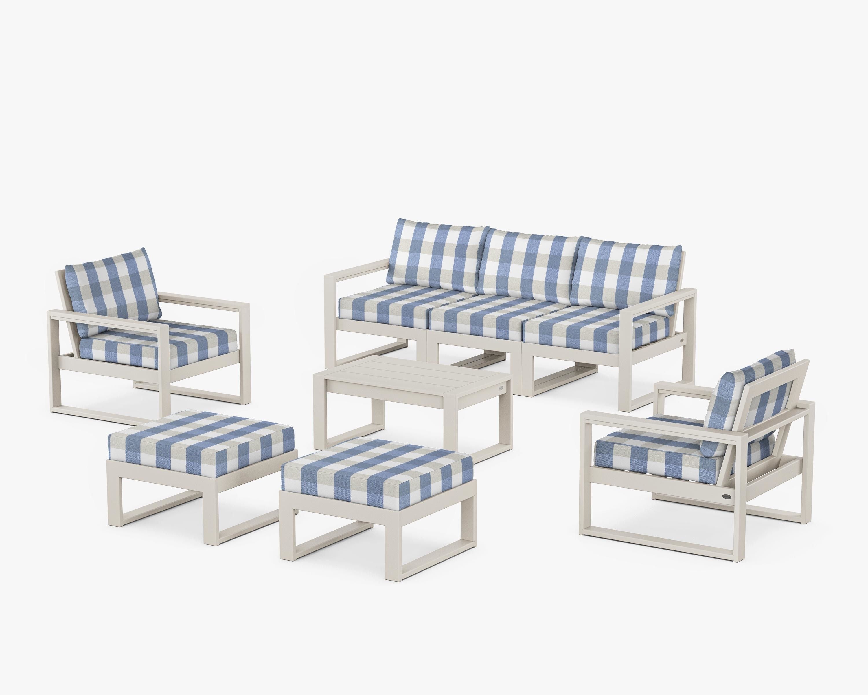 POLYWOOD® EDGE Sectional 8-Piece Lounge Sofa Set in Sand / Buffalo Plaid Sky Blue
