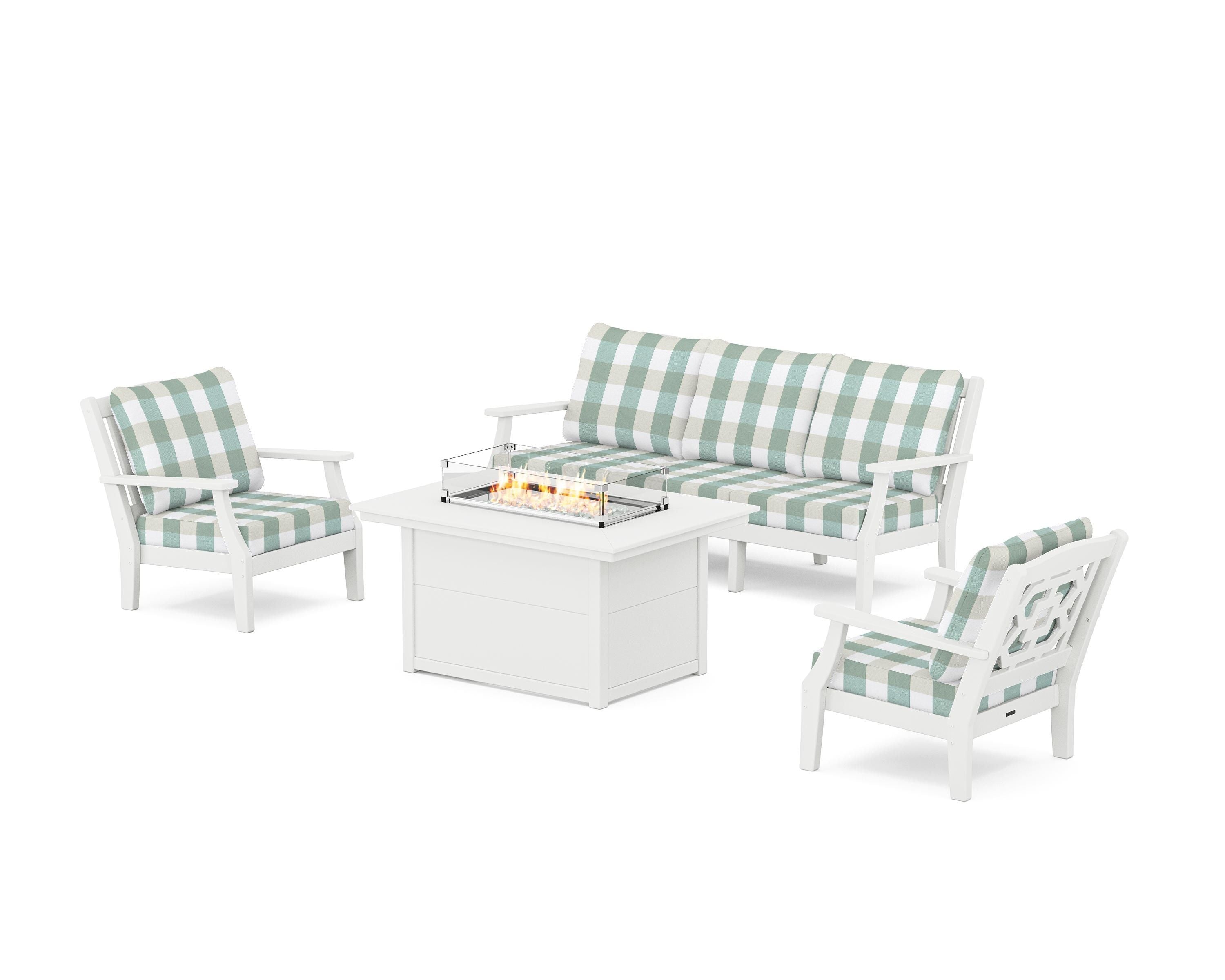 Martha Stewart by POLYWOOD® Chinoiserie Deep Seating Fire Pit Table Set in White / Buffalo Plaid Glacier Spa