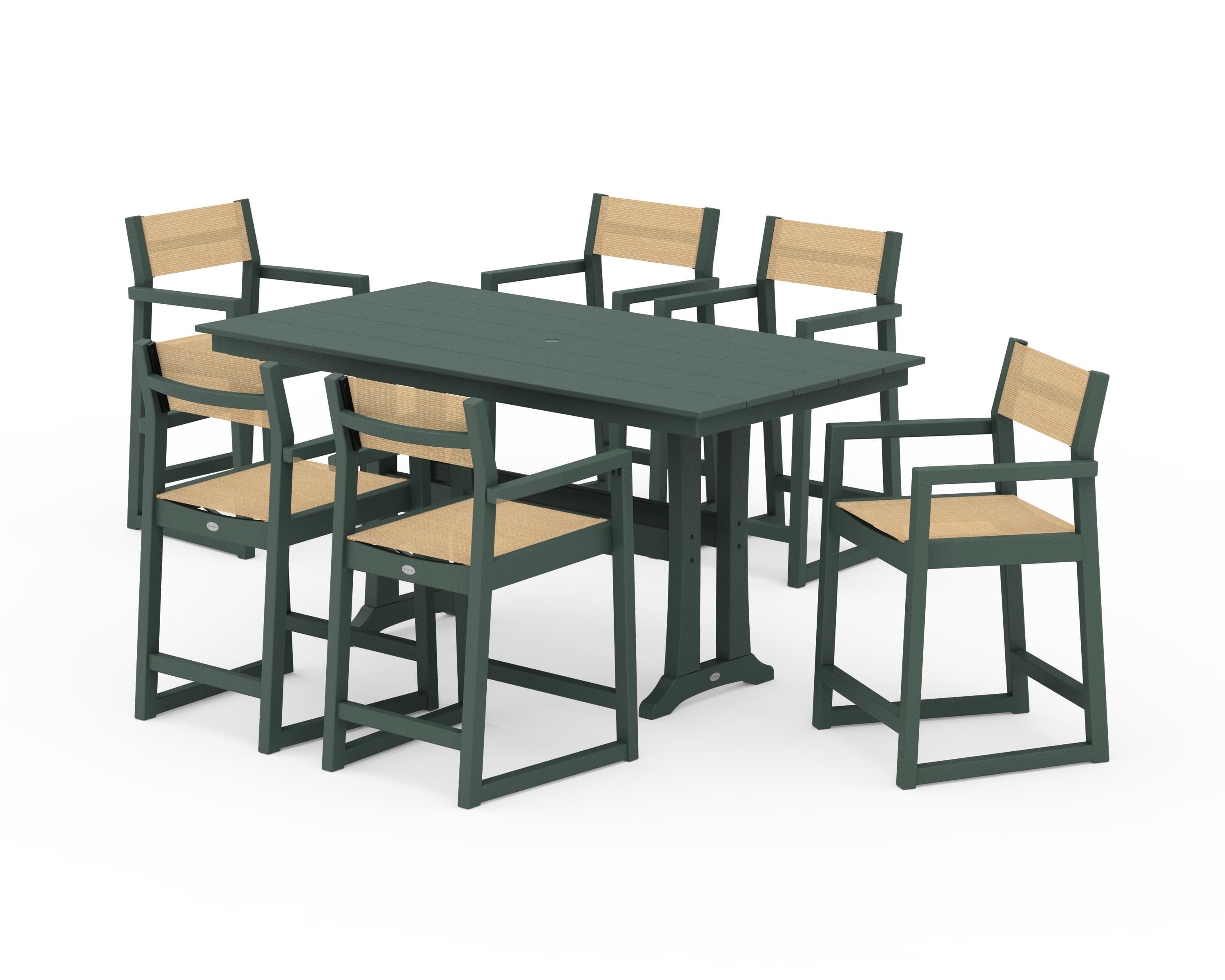 POLYWOOD® EDGE Sling Arm Chair 7-Piece Farmhouse Counter Set with Trestle Legs in Green / Dupioni Apricot Sling