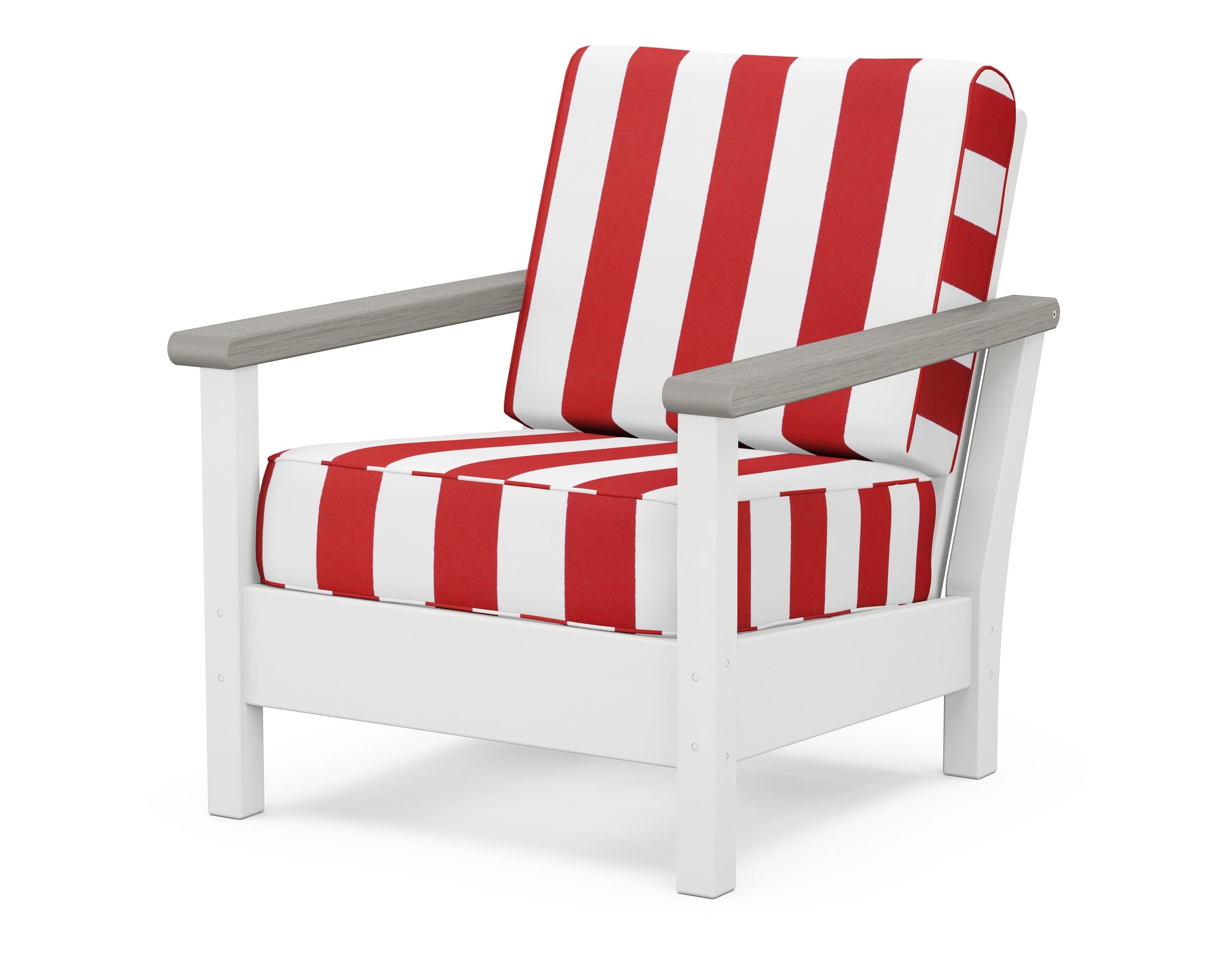 POLYWOOD® Harbour Deep Seating Chair in White / Driftwood / Cabana Stripe Crimson