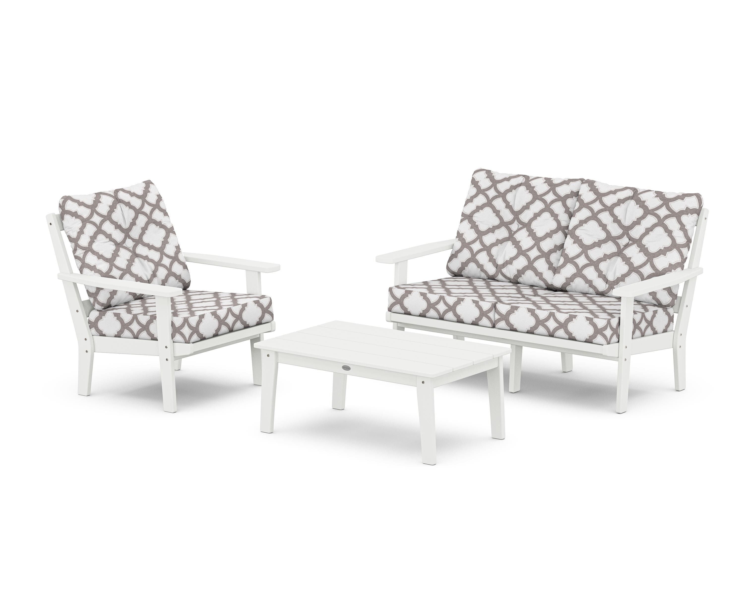 POLYWOOD® Prairie 3-Piece Deep Seating Set with Loveseat in White / Trellis Grey Mist