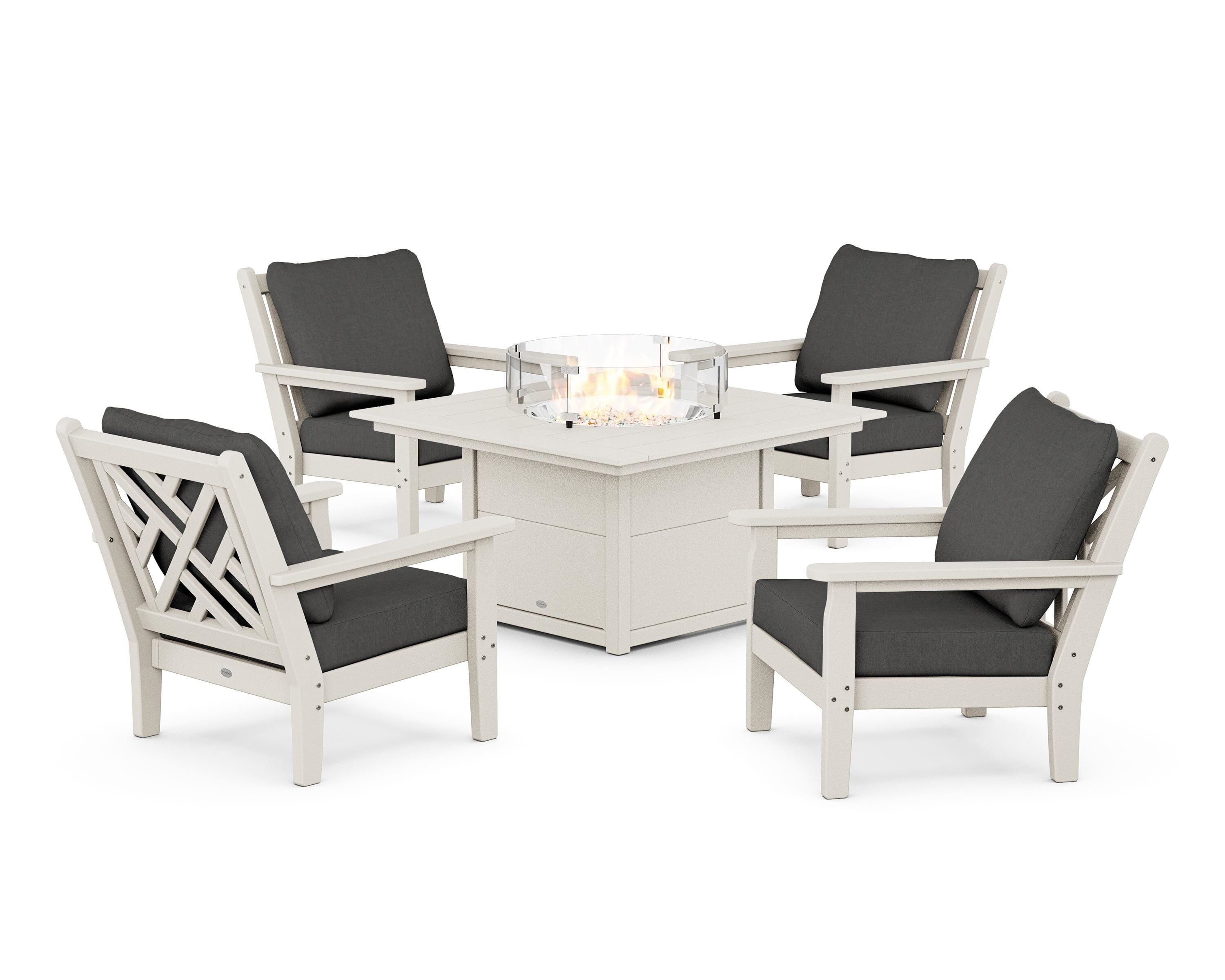 POLYWOOD® Chippendale 5-Piece Deep Seating Set with Fire Pit Table in Sand / Spectrum Carbon
