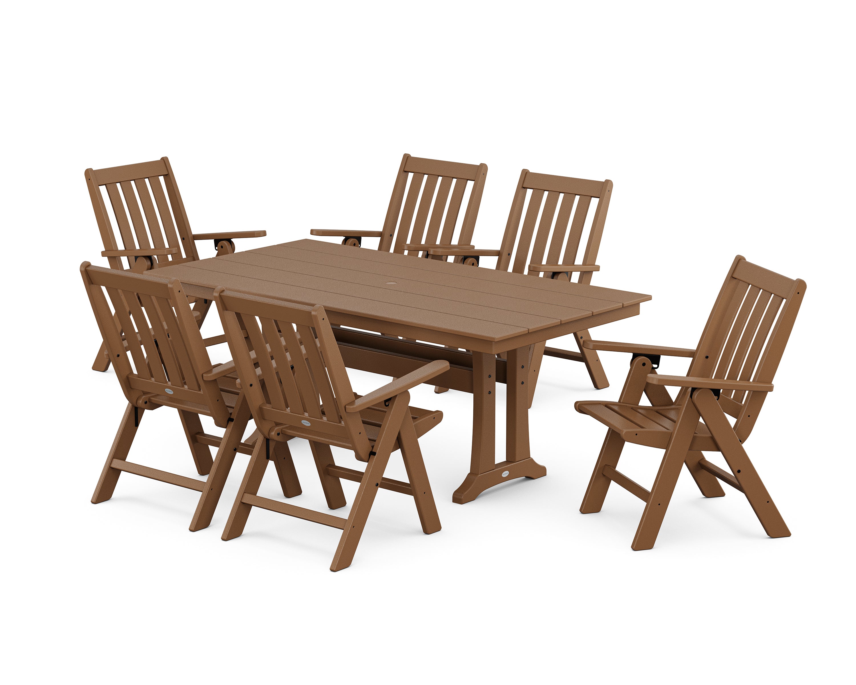 POLYWOOD® Vineyard Folding Chair 7-Piece Farmhouse Dining Set with Trestle Legs in Teak