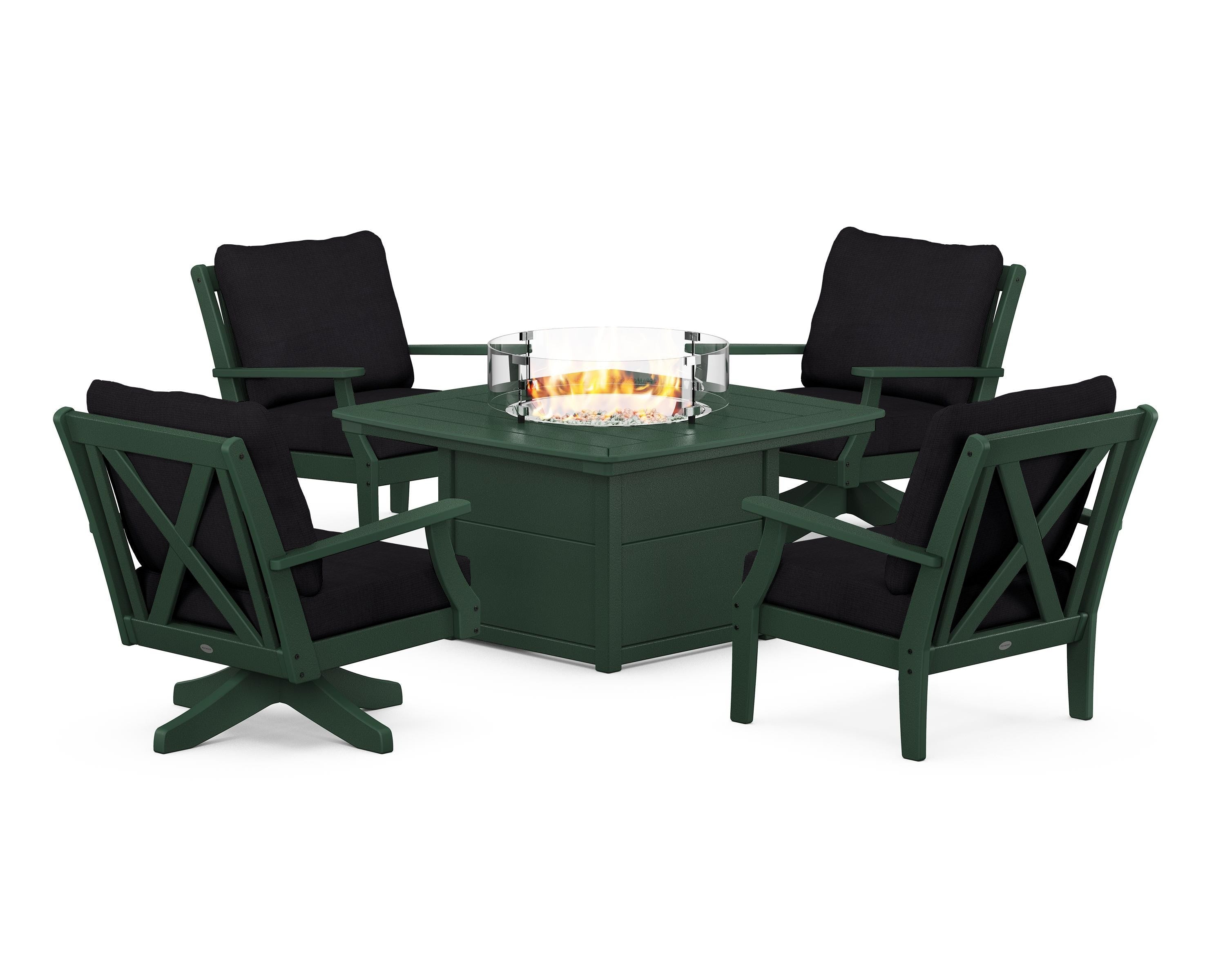 POLYWOOD® Braxton 5-Piece Deep Seating Set with Fire Table in Green / Midnight Linen