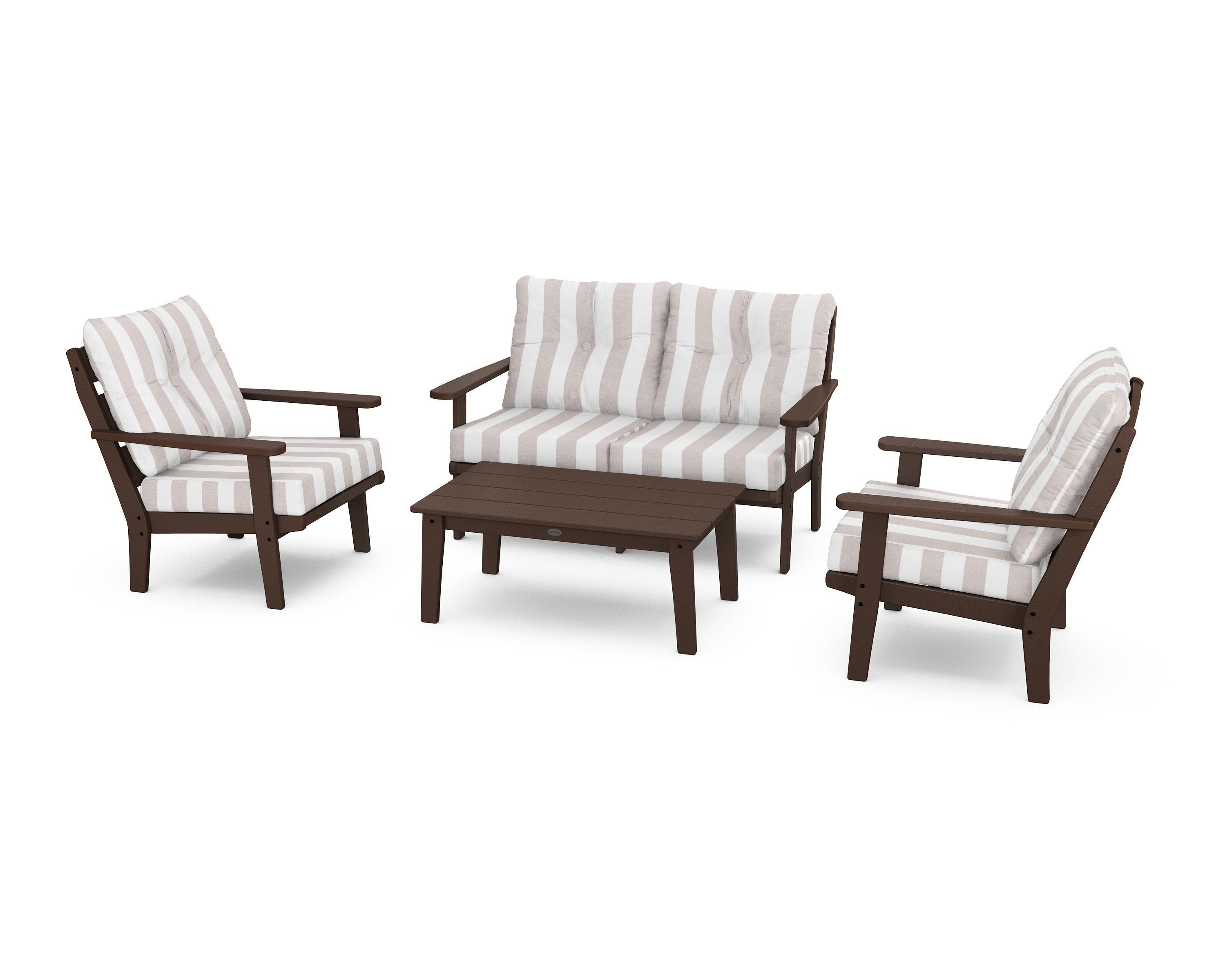 POLYWOOD® Lakeside 4-Piece Deep Seating Set in Mahogany / Cabana Stripe Dune Burlap