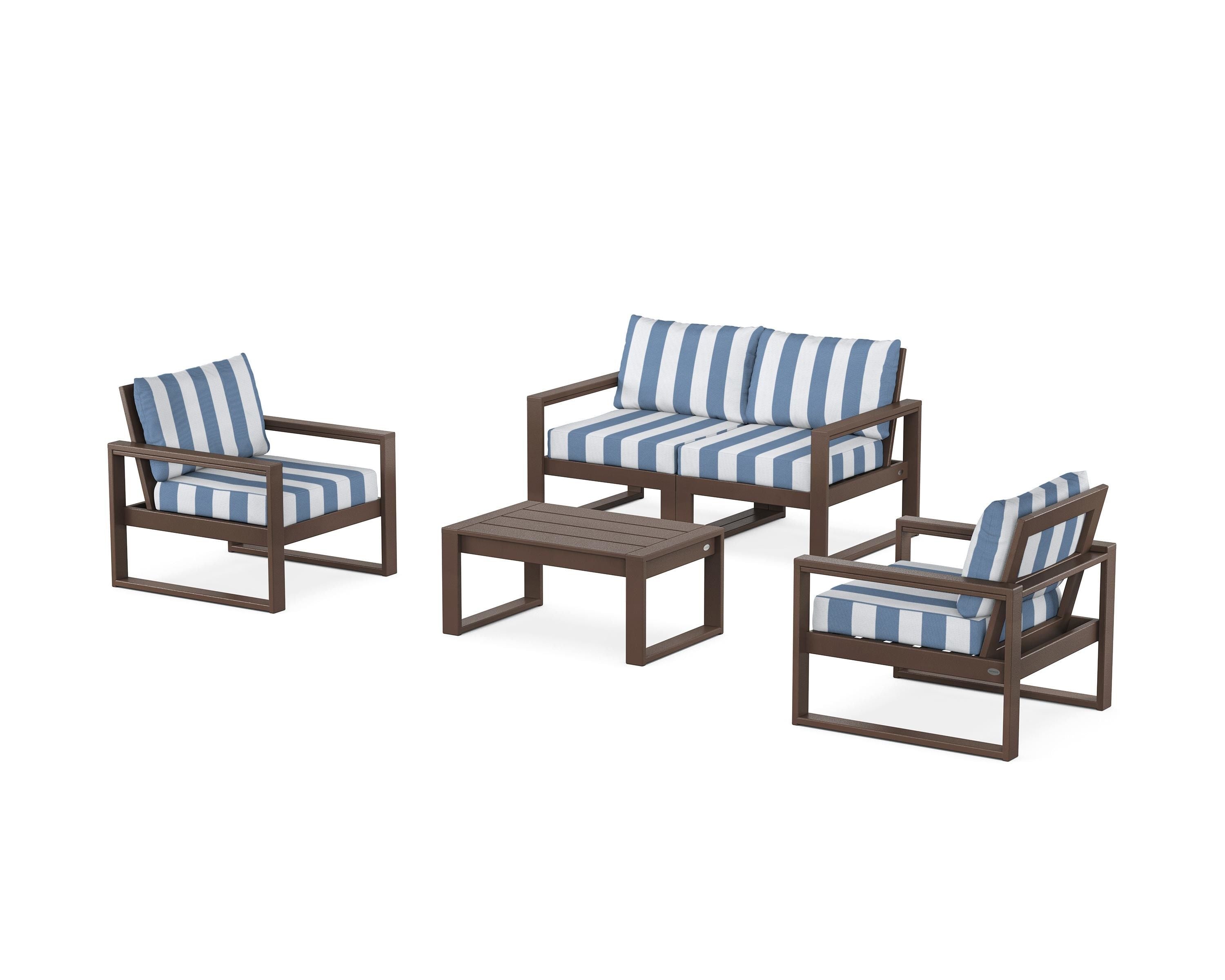 POLYWOOD® EDGE Sectional 4-Piece Deep Seating Set with Loveseat in Mahogany / Cabana Stripe Sky Blue