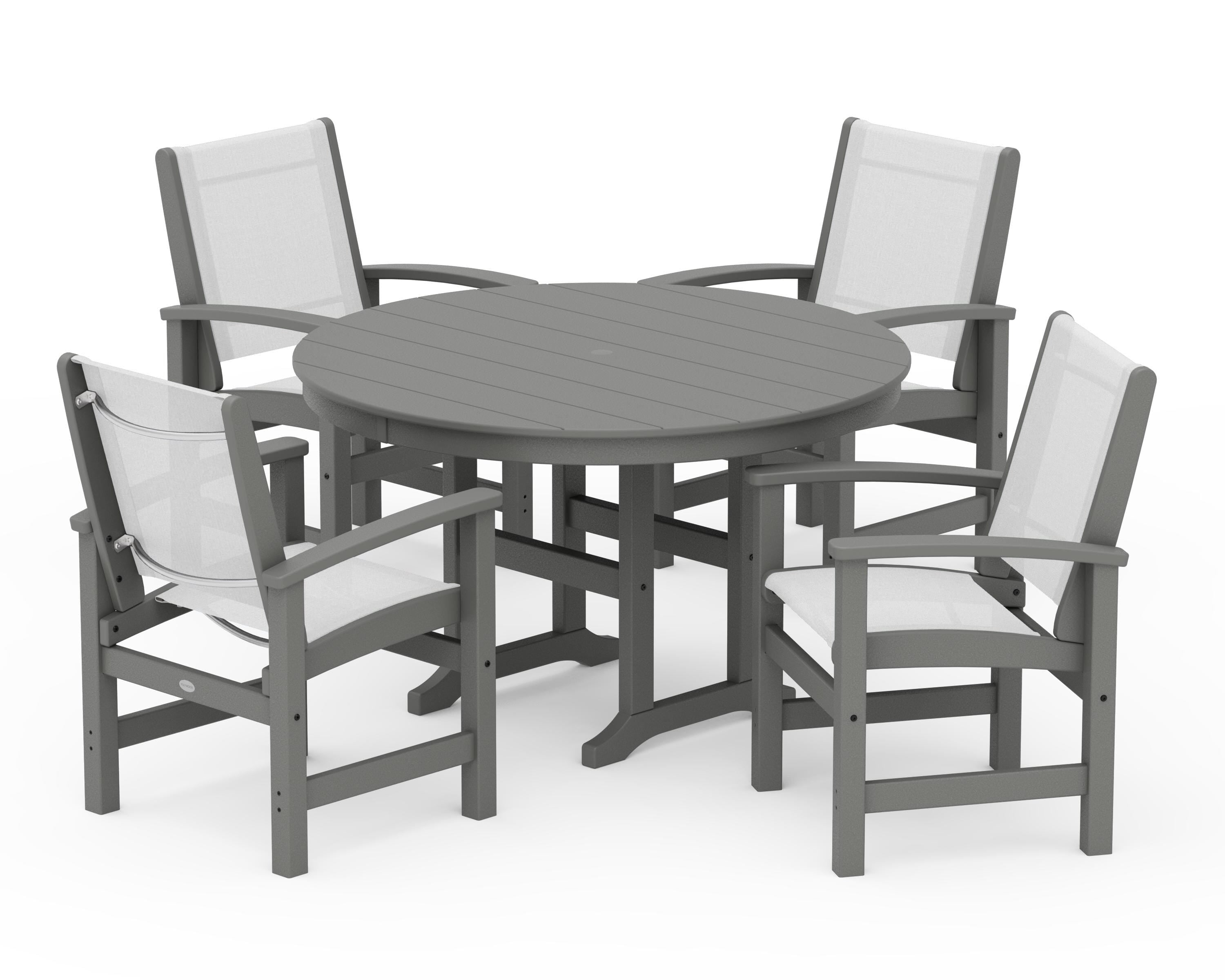POLYWOOD® Coastal 5-Piece Round Farmhouse Dining Set in Slate Grey / White Sling