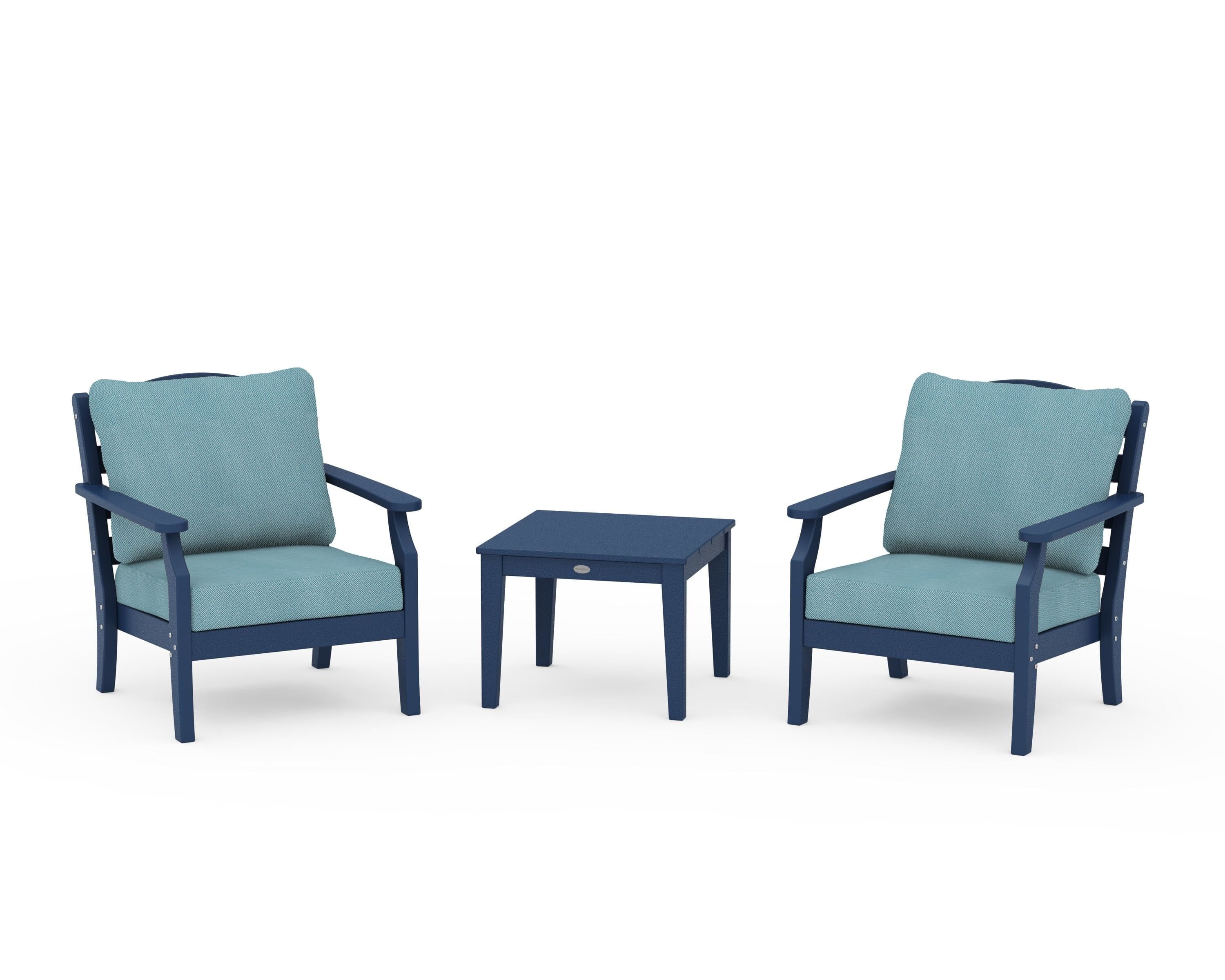 Draper James™ by POLYWOOD® Savannah 3-Piece Deep Seating Set in Navy / Lattice Sky Blue