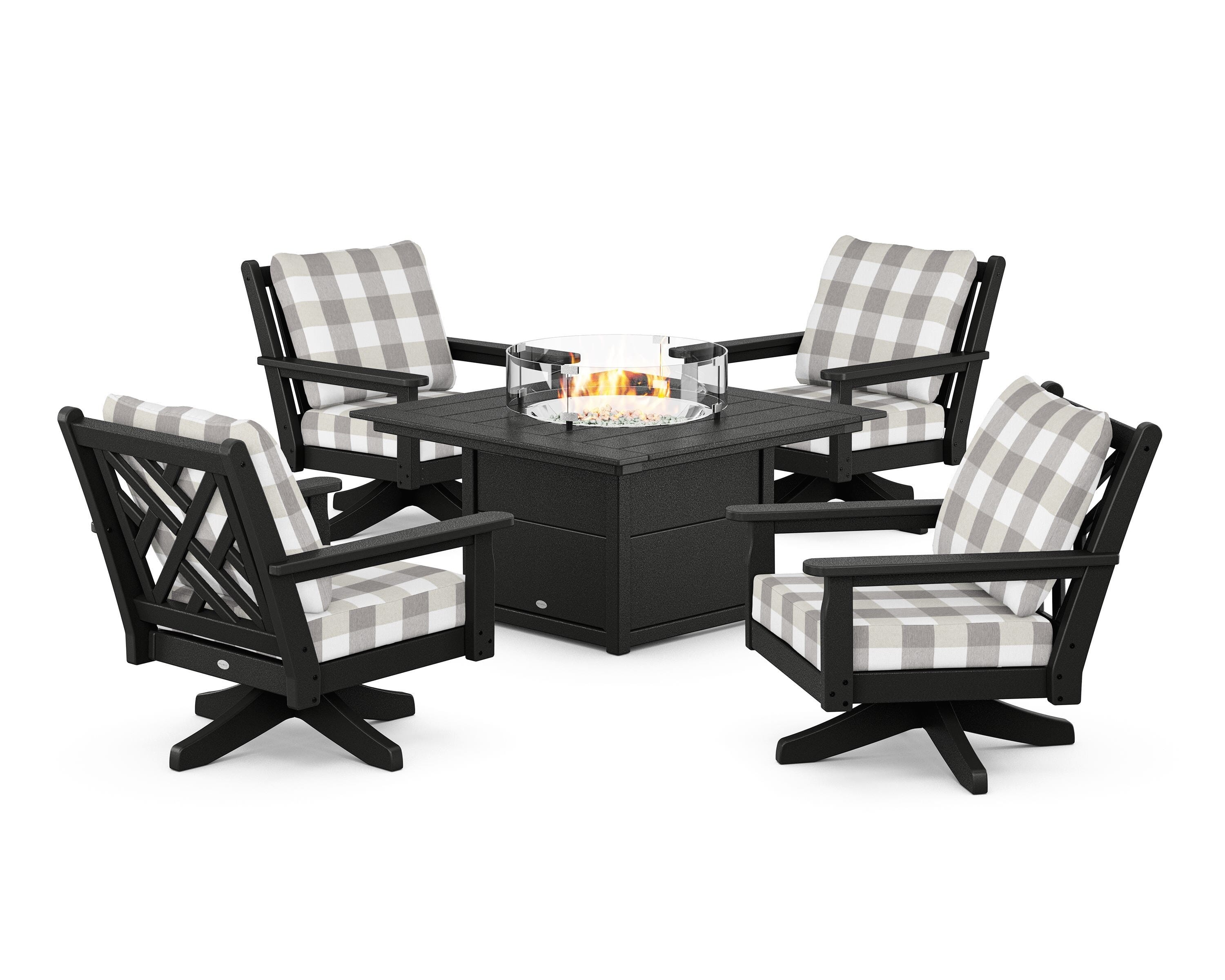 POLYWOOD® Chippendale 5-Piece Deep Seating Swivel Conversation Set with Fire Pit Table in Black / Buffalo Plaid Grey Mist