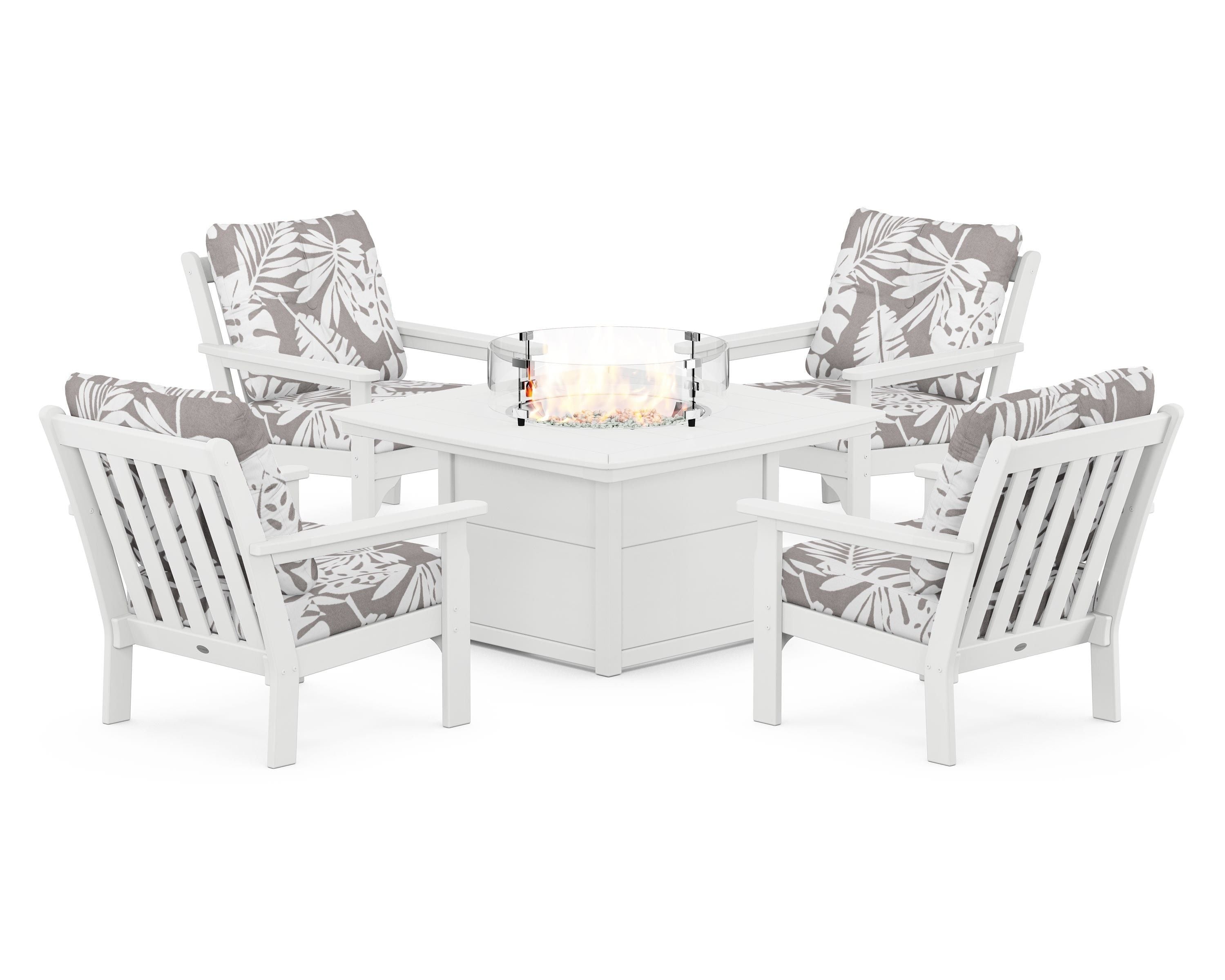 POLYWOOD® Vineyard 5-Piece Conversation Set with Fire Pit Table in White / Leaf Grey Mist