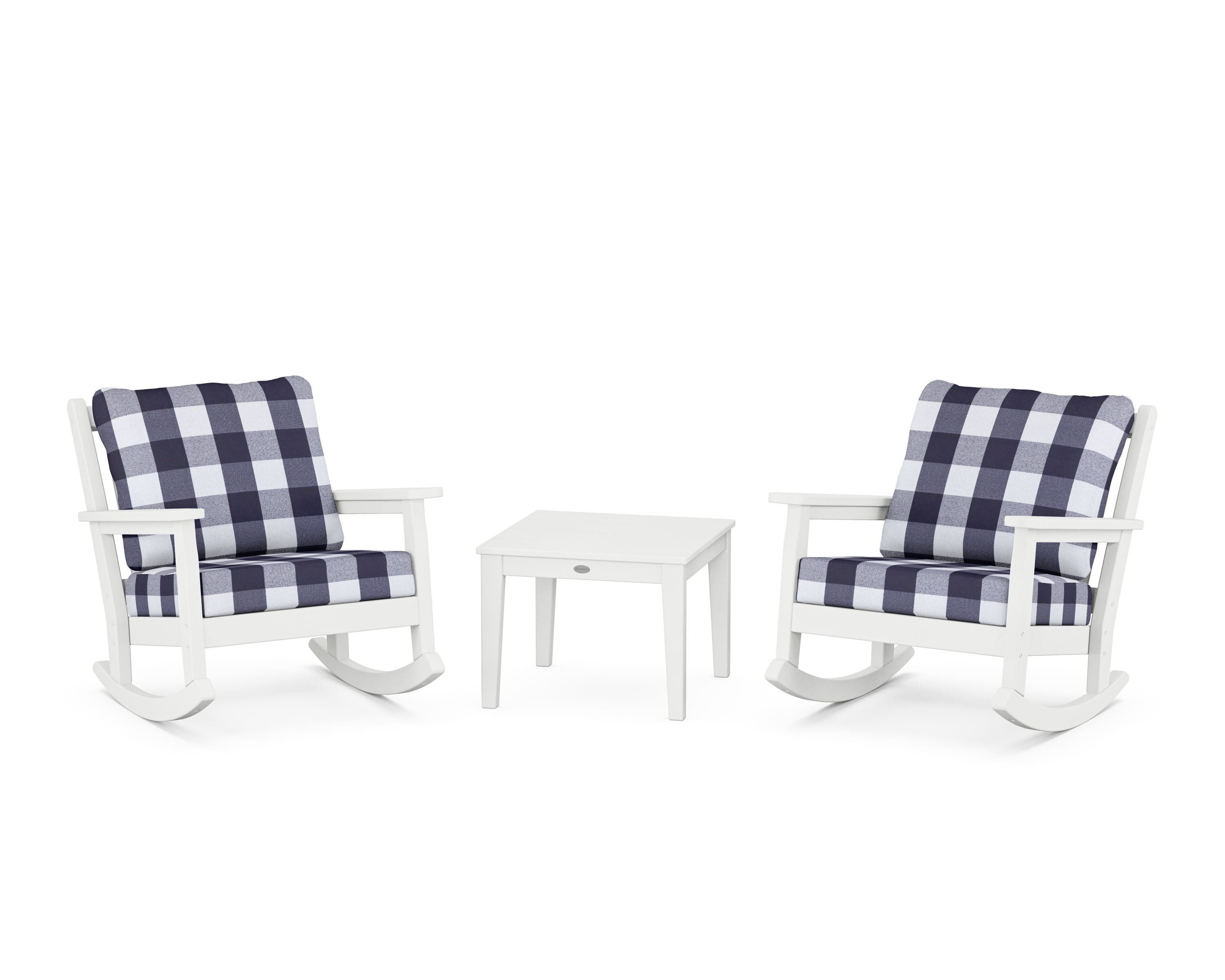 POLYWOOD® Chippendale 3-Piece Deep Seating Rocker Set in White / Buffalo Plaid Navy