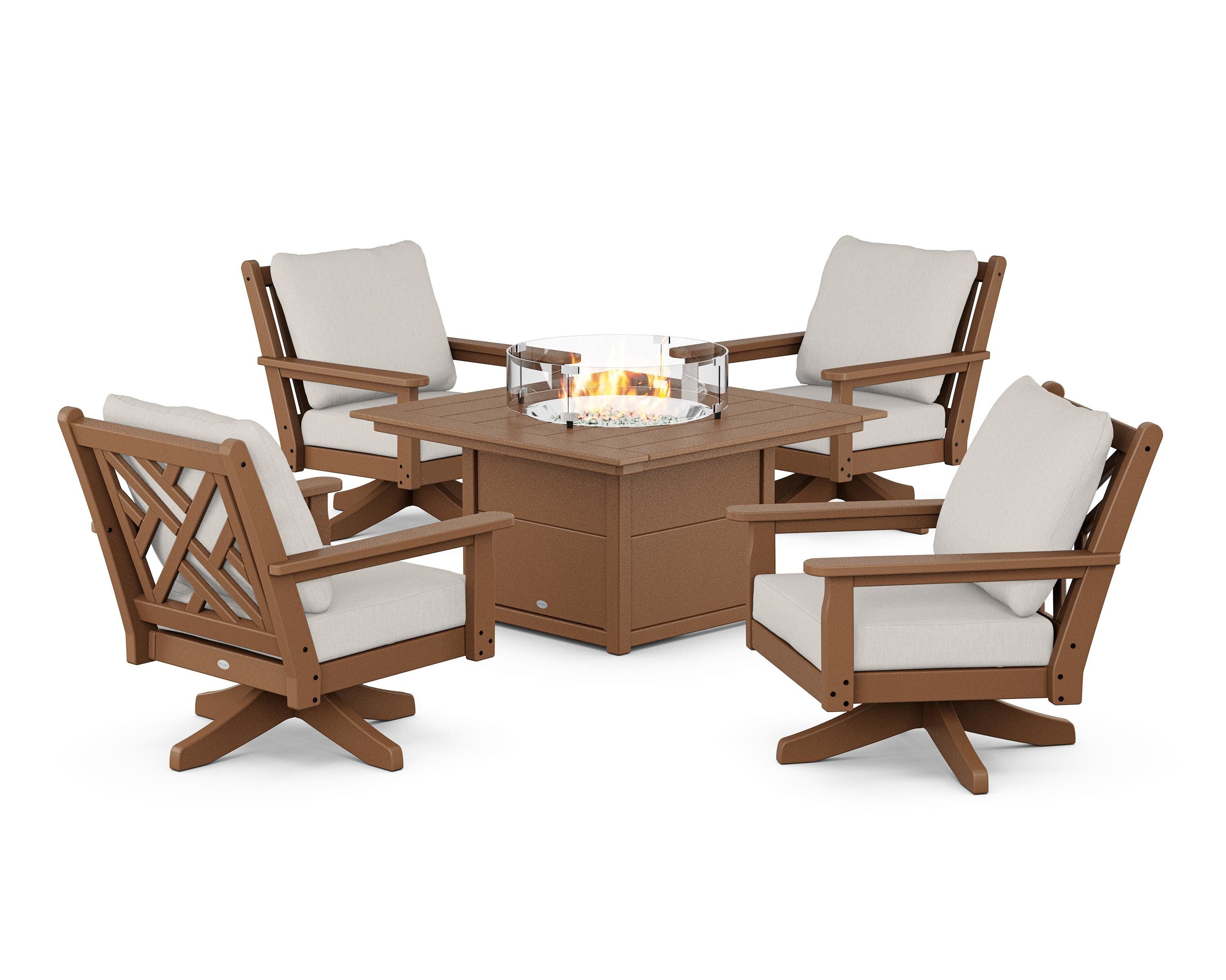POLYWOOD® Chippendale 5-Piece Deep Seating Swivel Conversation Set with Fire Pit Table in Teak / Cast Ash