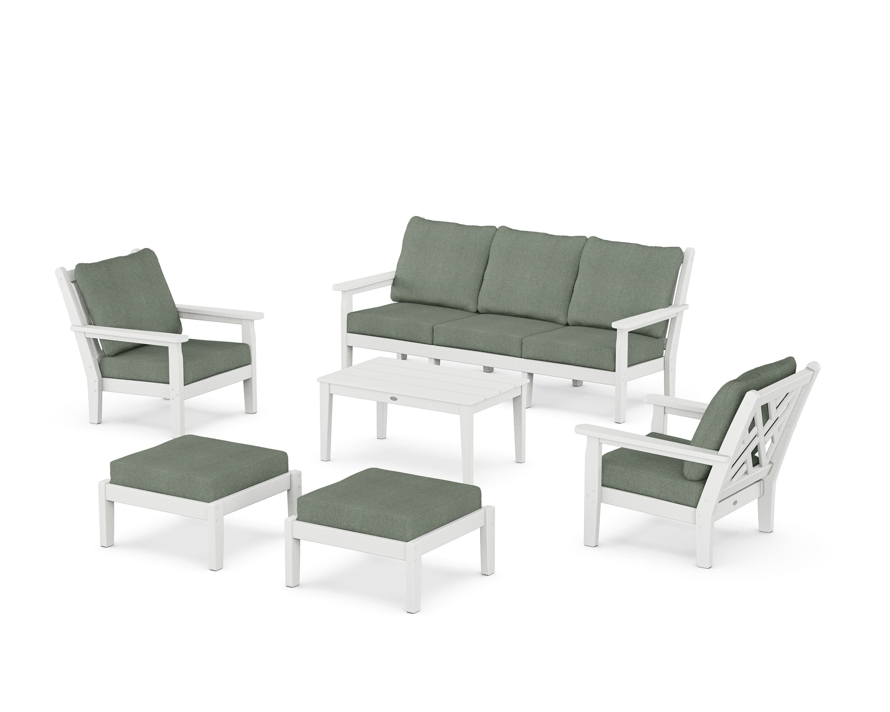 POLYWOOD® Chippendale 6-Piece Lounge Sofa Set in White / Cast Sage