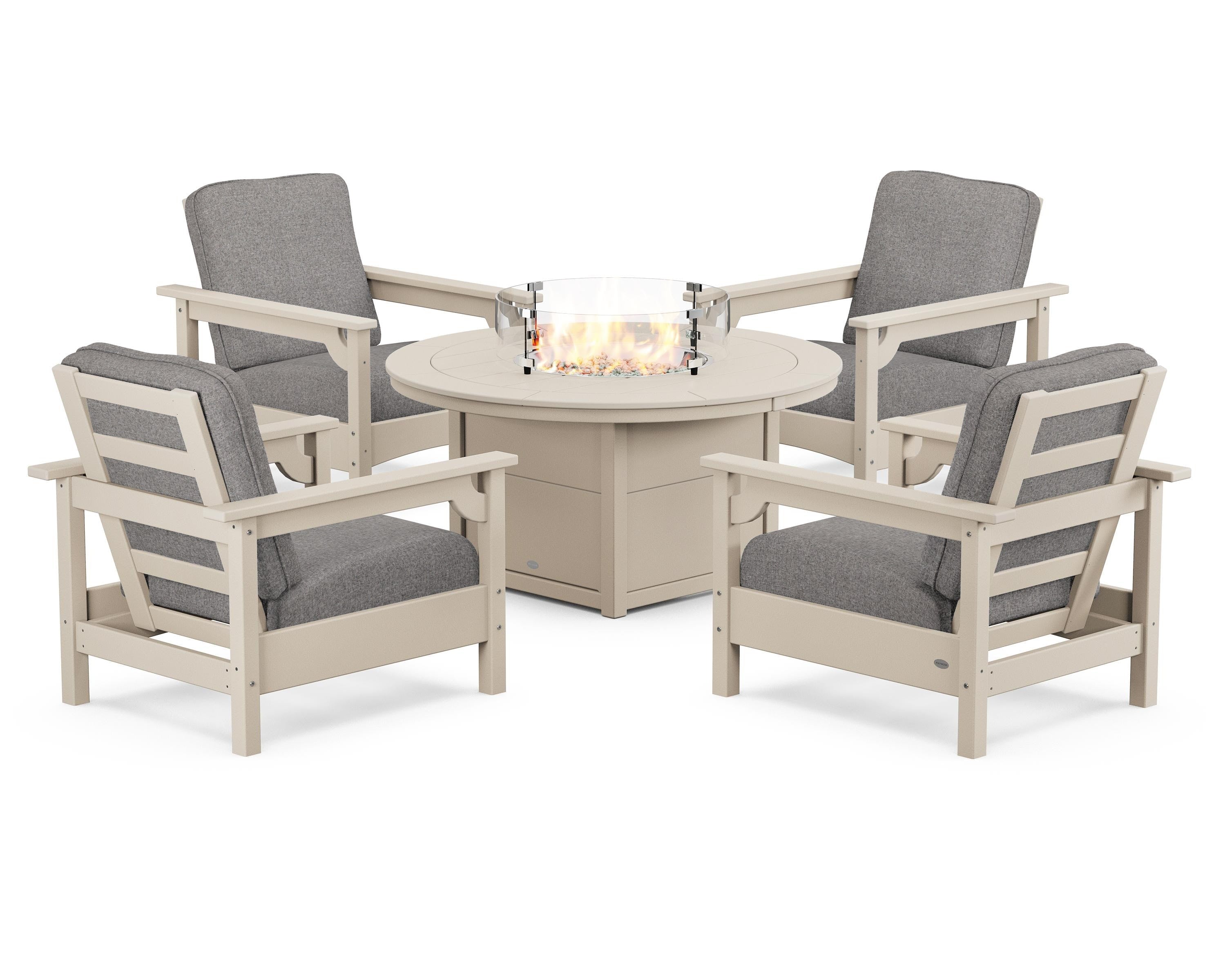 POLYWOOD® Club 5-Piece Conversation Set with Fire Pit Table in Sand / Grey Mist